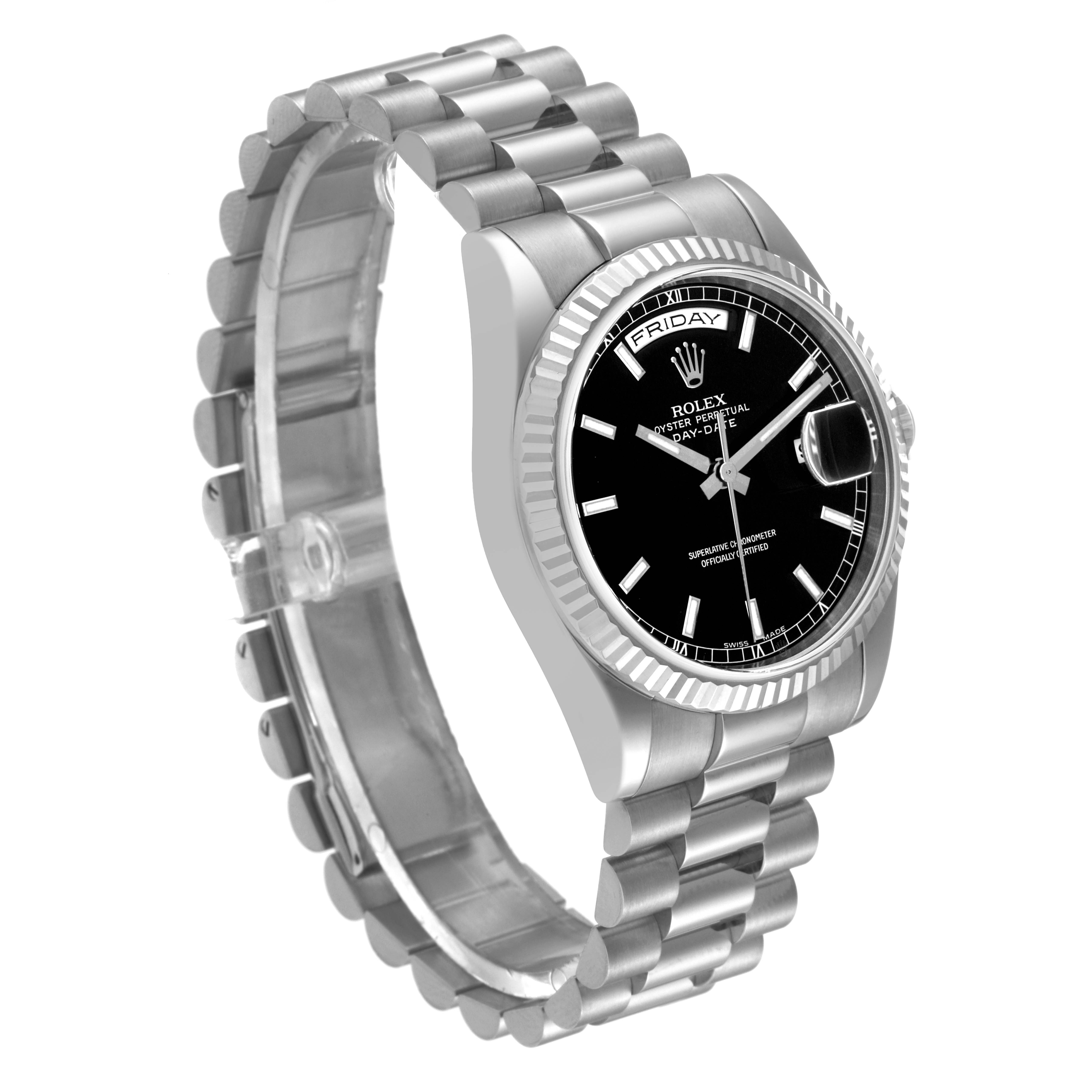 The image shows a Rolex President 118239 Men's White Gold Black Dial 118239 Men's White Gold Black Dial model watch at a 3/4 angle, highlighting its face, bezel, and bracelet.