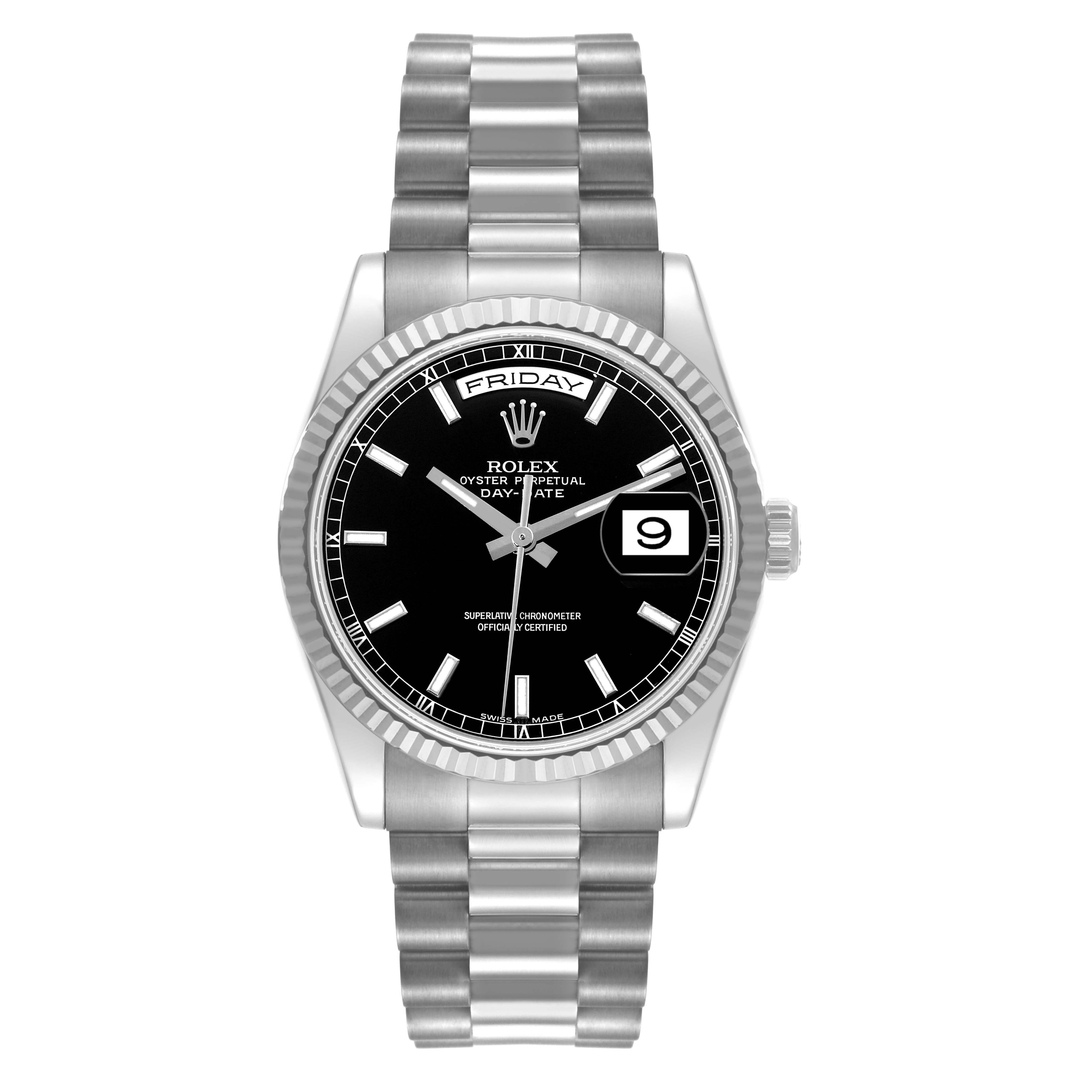 The image shows a front view of the Rolex President 118239 Men's White Gold Black Dial 118239 Men's White Gold Black Dial model watch, displaying the dial, bezel, bracelet, day, and date indicators.