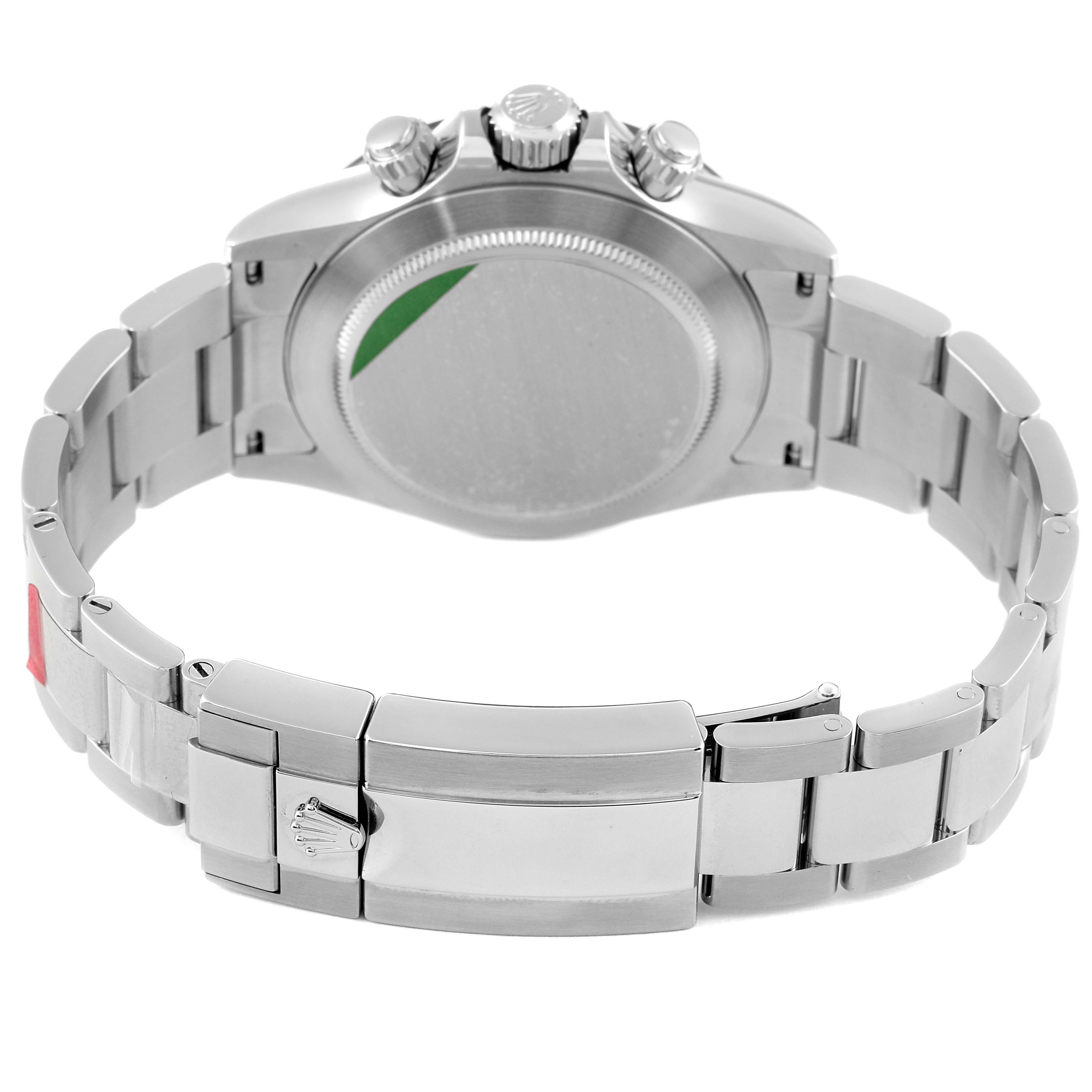 The image shows the back and bracelet of a Rolex Daytona 116500 Men's Stainless Steel White Dial 116500 Men's Stainless Steel White Dial watch, highlighting the clasp and case back.