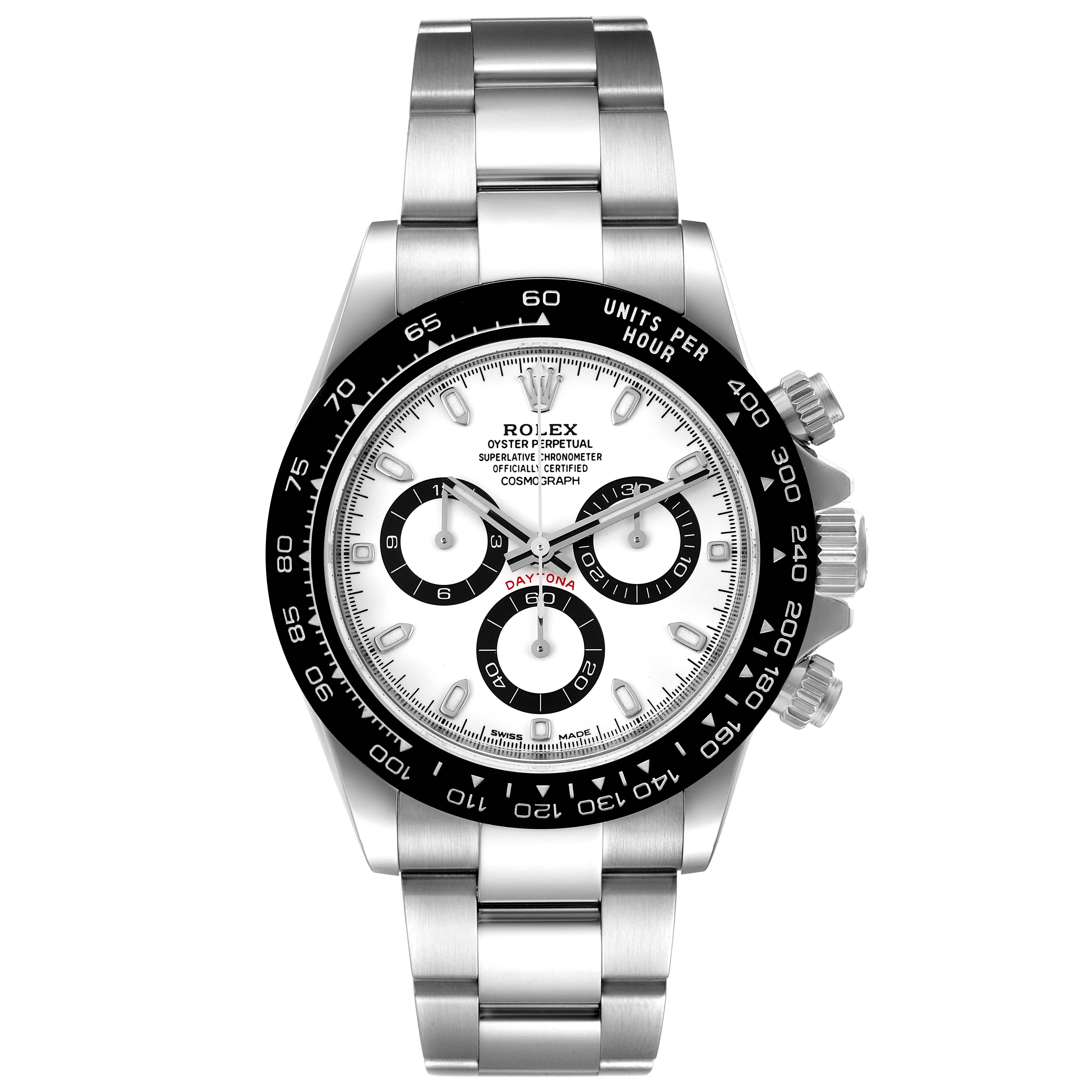 The image shows a front view of a Rolex Daytona 116500 Men's Stainless Steel White Dial 116500 Men's Stainless Steel White Dial watch, displaying the dial, bezel, pushers, and bracelet.