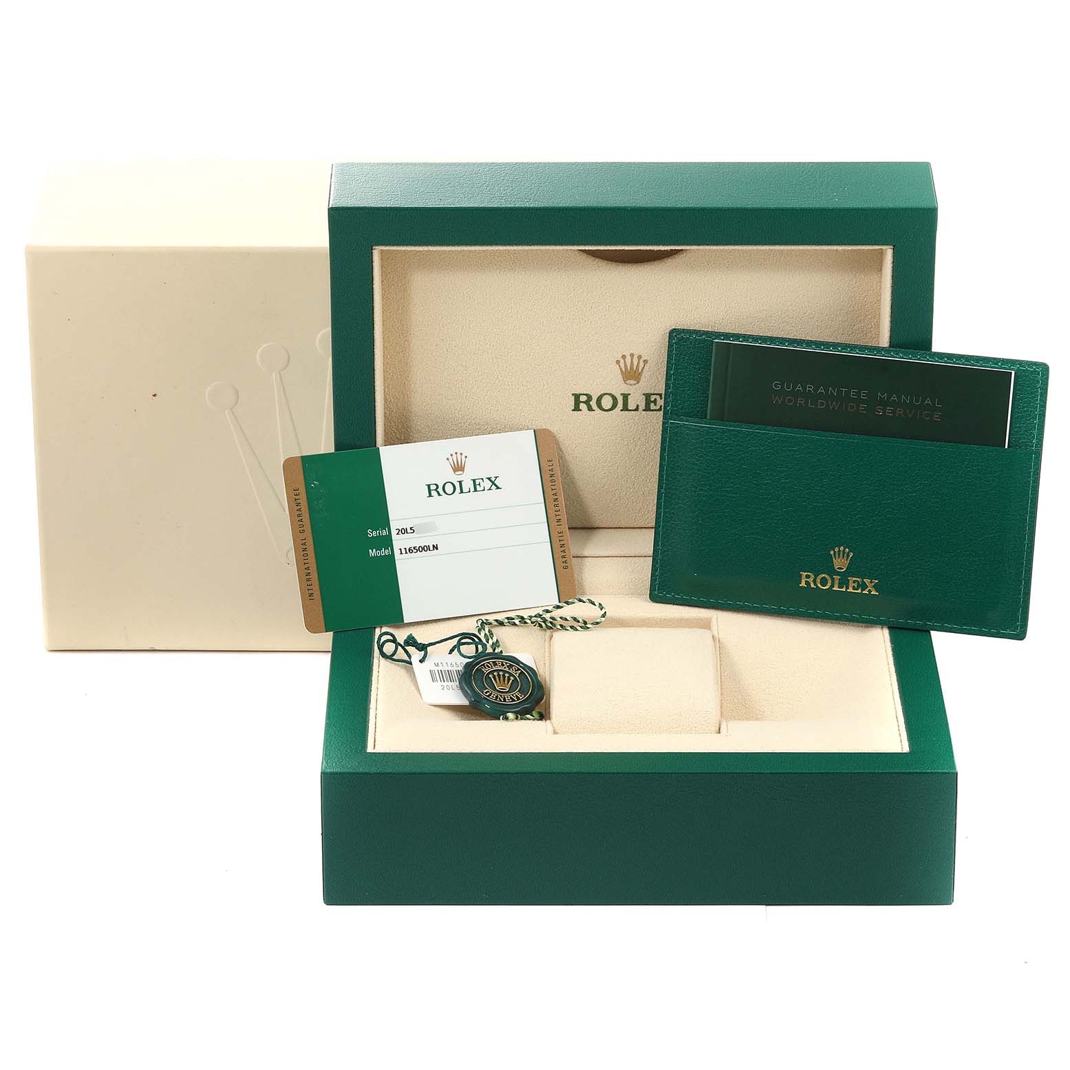 The image shows the packaging, warranty card, manual, and accessories of a Rolex Daytona 116500 Men's Stainless Steel White Dial 116500 Men's Stainless Steel White Dial watch.