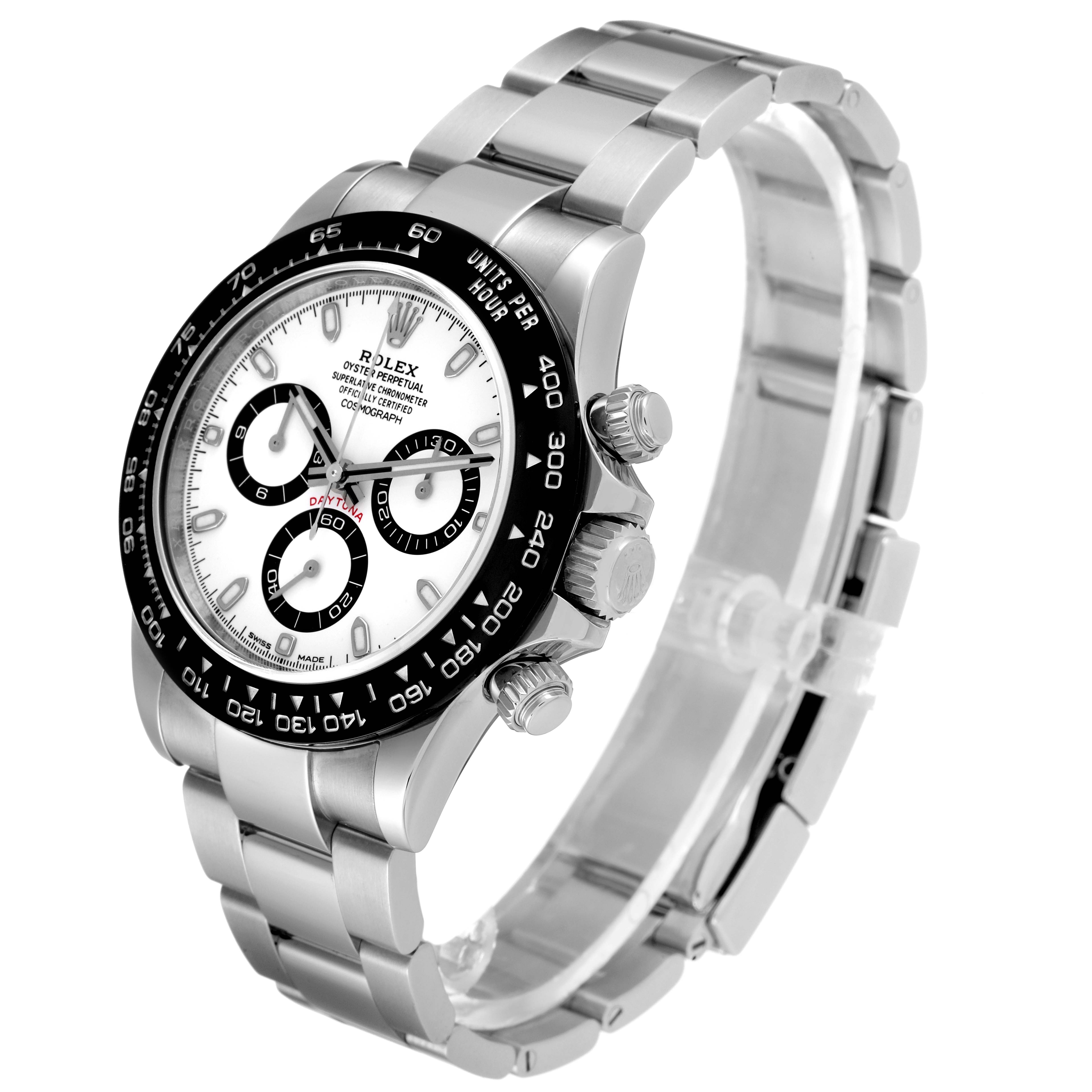 The Rolex Daytona 116500 Men's Stainless Steel White Dial 116500 Men's Stainless Steel White Dial watch is shown at an angled side view, highlighting its face, bezel, crown, and bracelet.