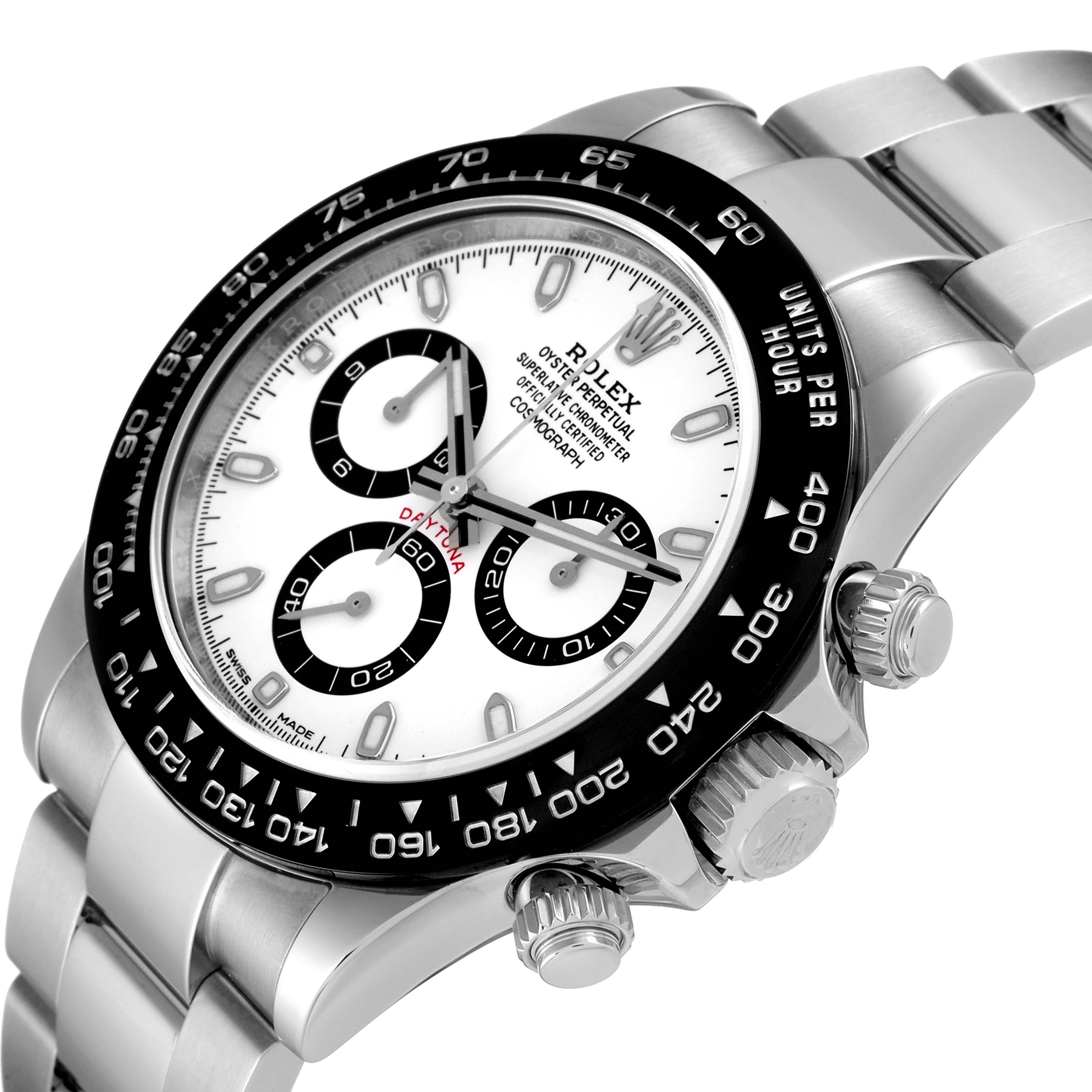 The image shows a left-side angle of a Rolex Daytona 116500 Men's Stainless Steel White Dial 116500 Men's Stainless Steel White Dial watch, highlighting its bezel, dial, and bracelet.