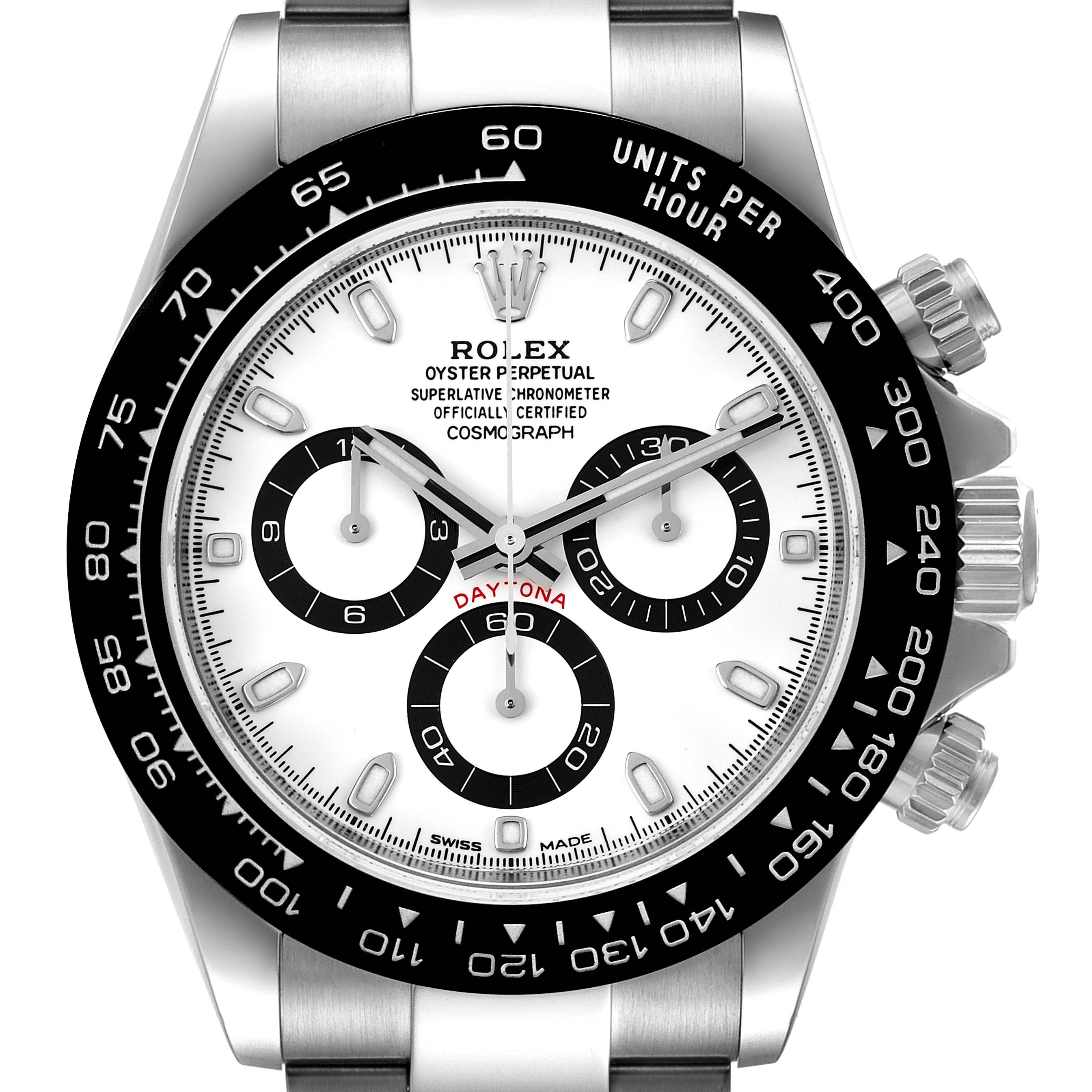 This image shows a front view of a Rolex Daytona 116500 Men's Stainless Steel White Dial 116500 Men's Stainless Steel White Dial watch, displaying the dial, bezel, and chronograph pushers.