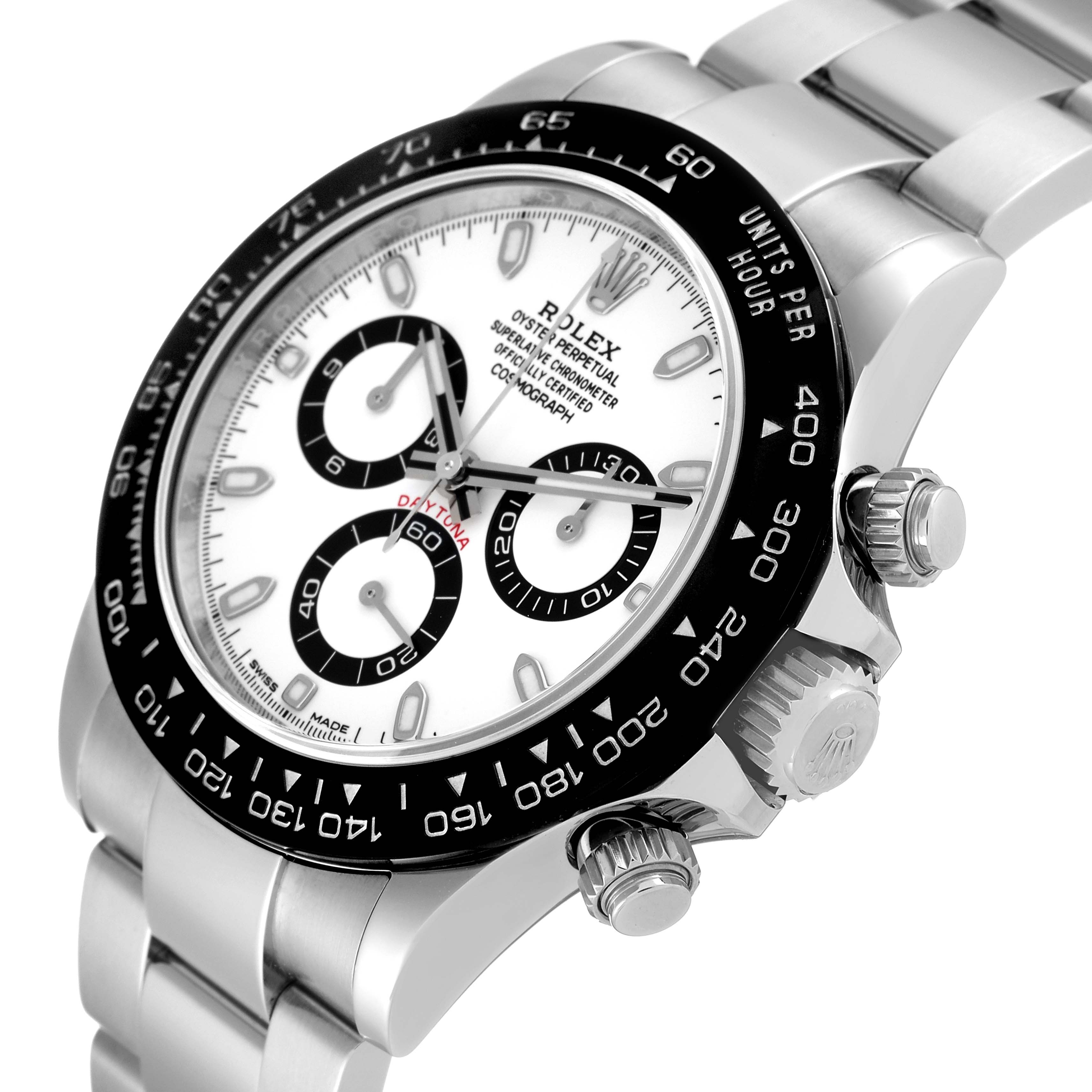 The image shows a close-up angle of the face, bezel, and part of the bracelet of a Rolex Daytona 116500 Men's Stainless Steel White Dial 116500 Men's Stainless Steel White Dial watch.