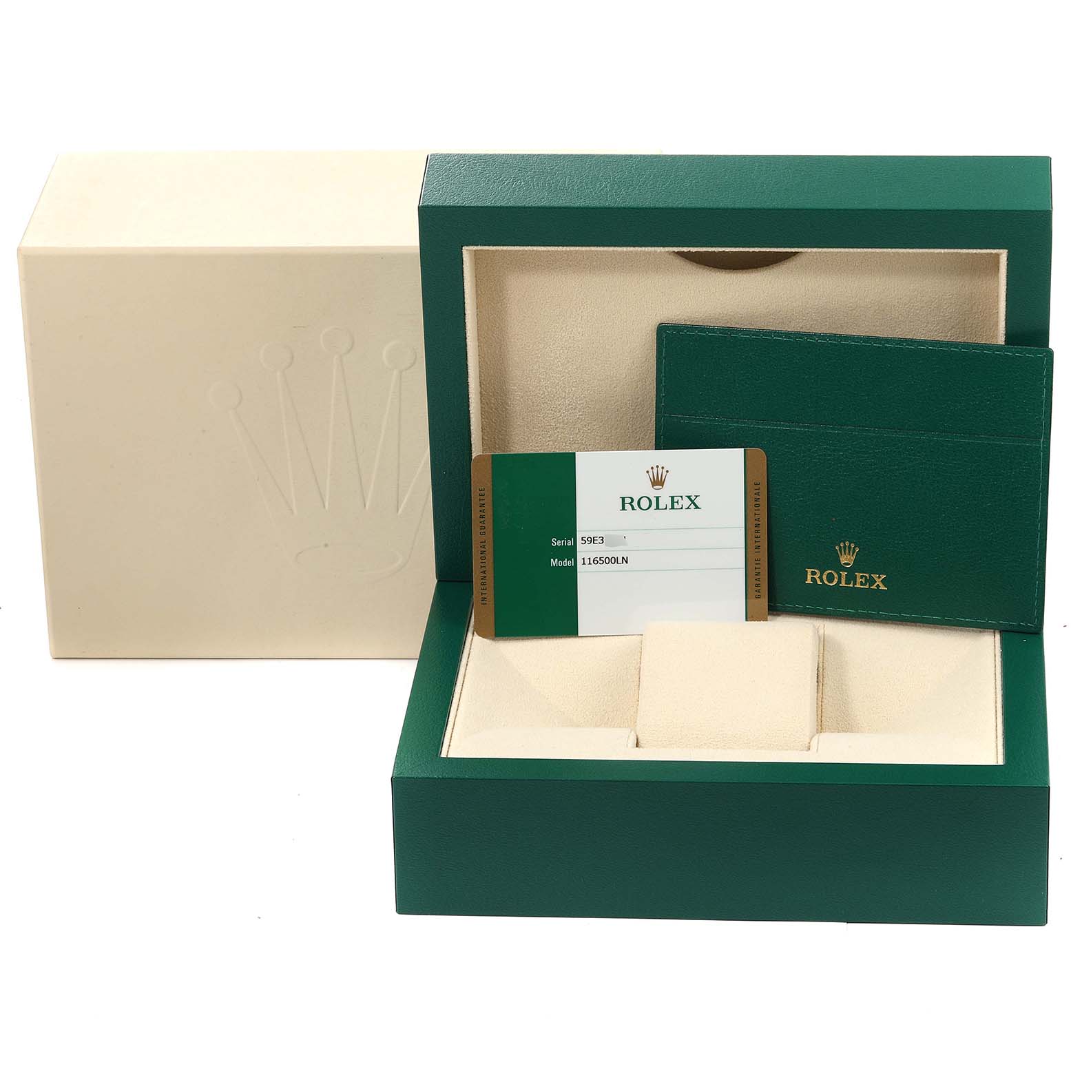 The image shows the packaging, certificate card, and holder for a Rolex Daytona 116500 Men's Stainless Steel White Dial 116500 Men's Stainless Steel White Dial model watch.