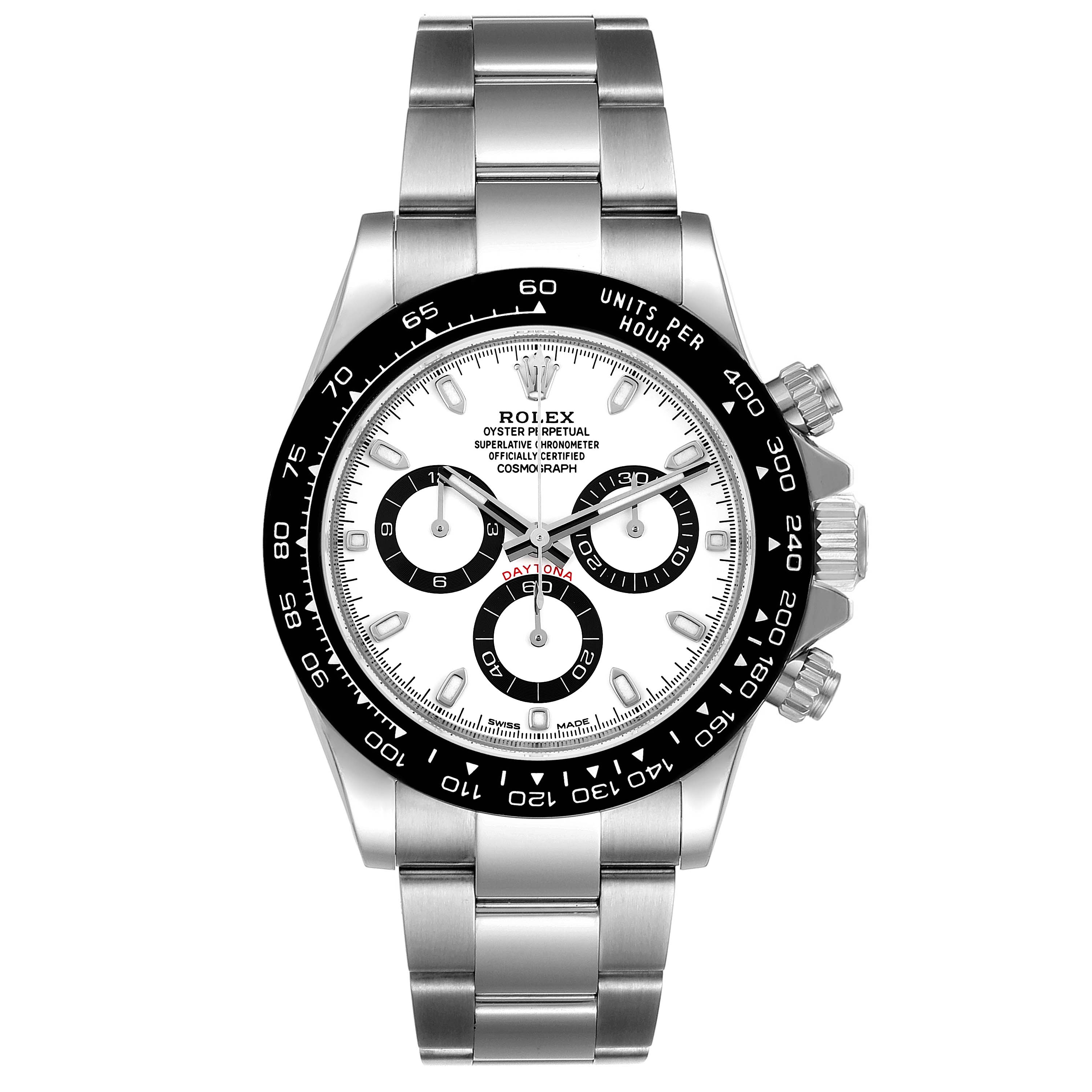This image shows a frontal view of a Rolex Daytona 116500 Men's Stainless Steel White Dial 116500 Men's Stainless Steel White Dial watch, highlighting its dial, bezel, bracelet, and chronograph subdials.