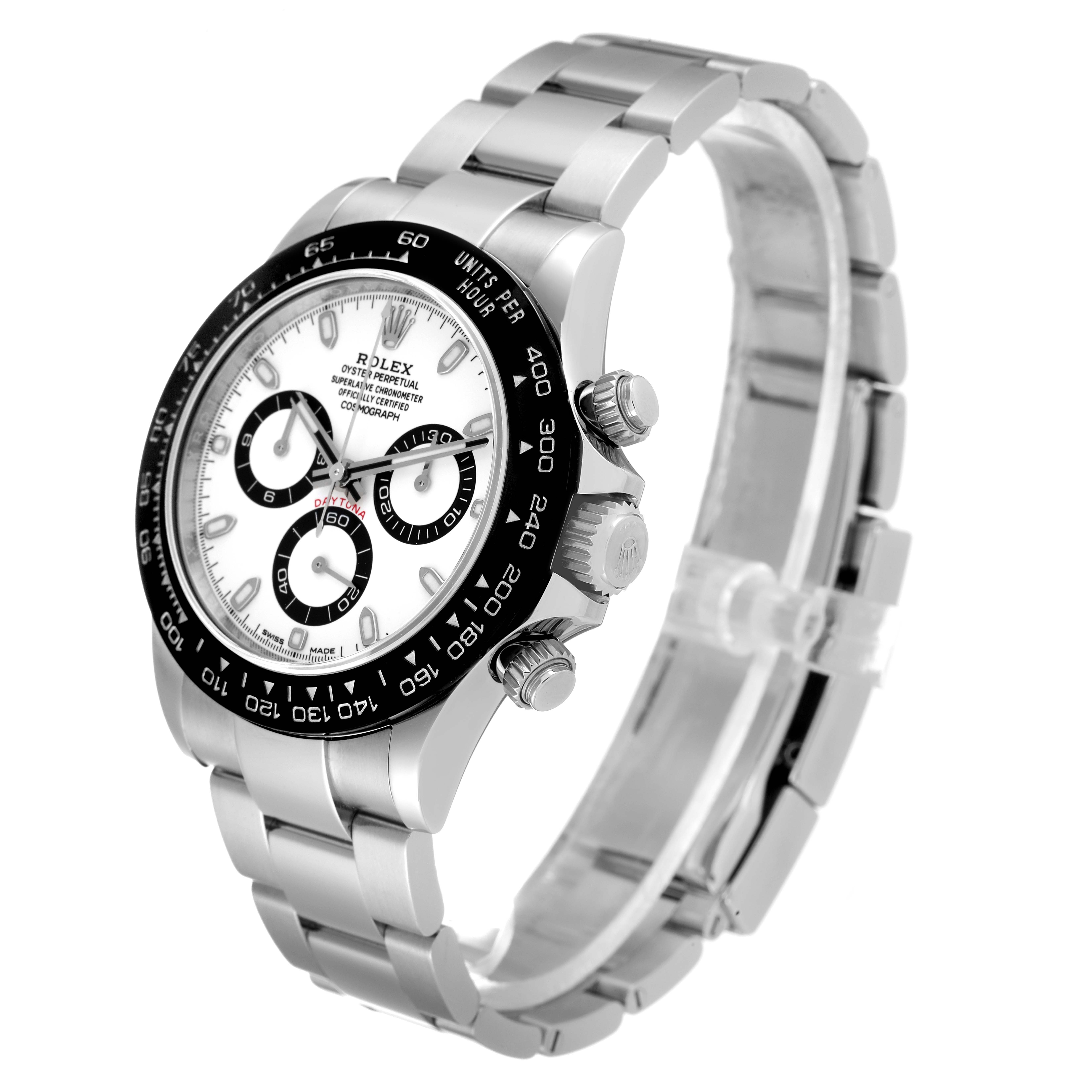 The image shows a Rolex Daytona 116500 Men's Stainless Steel White Dial 116500 Men's Stainless Steel White Dial watch at a slight angle, highlighting the dial, bezel, pushers, and bracelet.