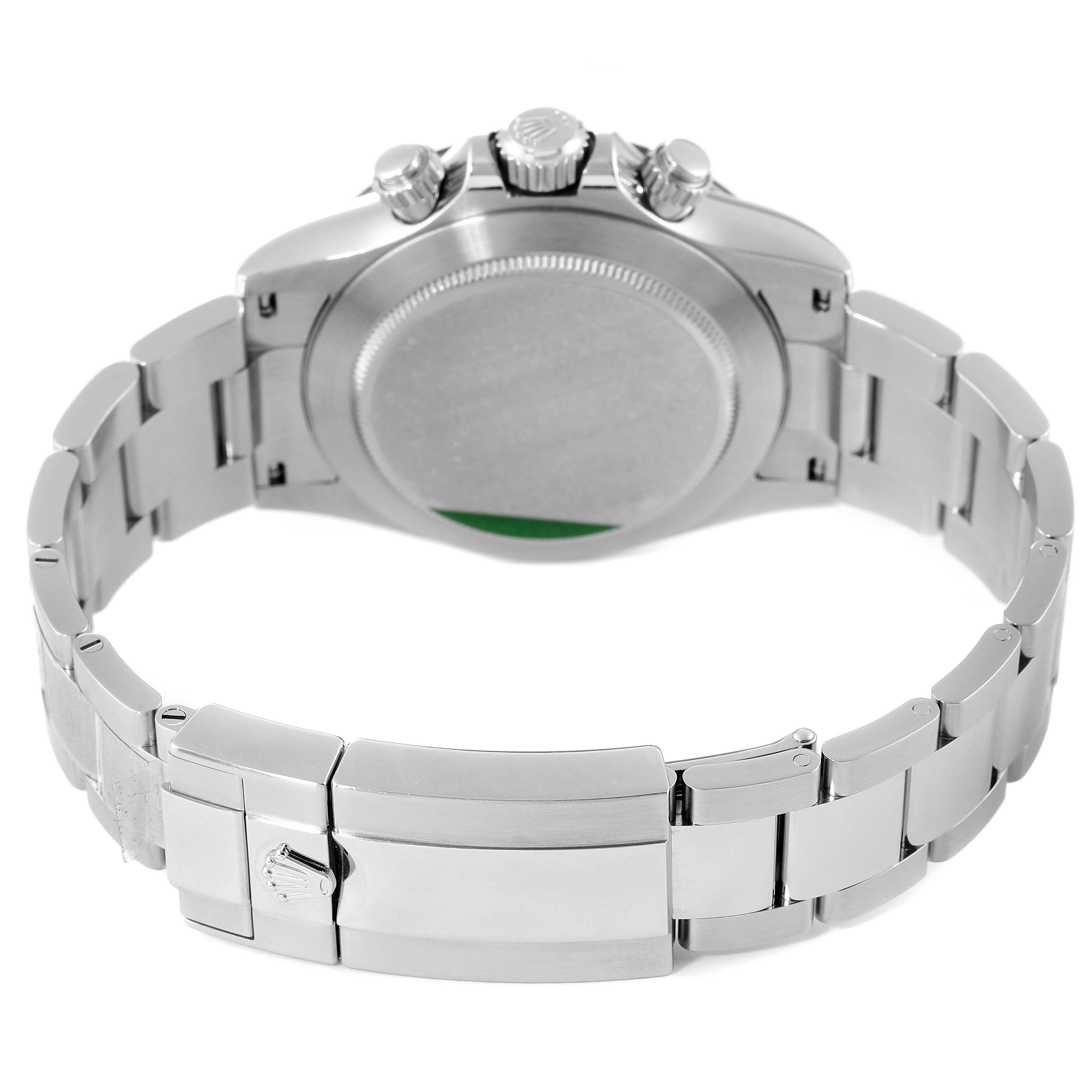 The image shows the back view of a Rolex Daytona 116500 Men's Stainless Steel White Dial 116500 Men's Stainless Steel White Dial watch, highlighting the bracelet and clasp.