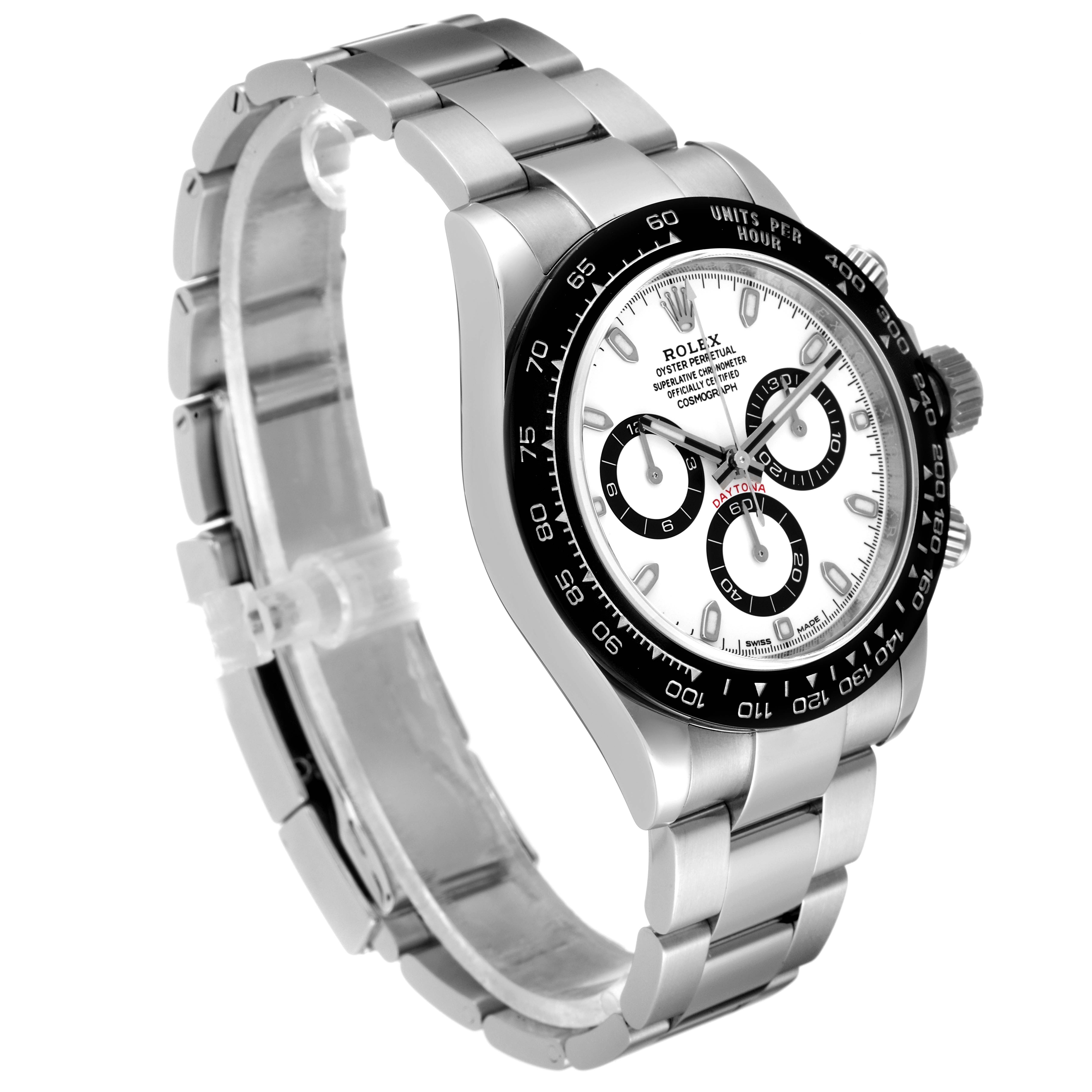 The image shows a Rolex Daytona 116500 Men's Stainless Steel White Dial 116500 Men's Stainless Steel White Dial watch at a three-quarter angle highlighting its dial, bracelet, and bezel.