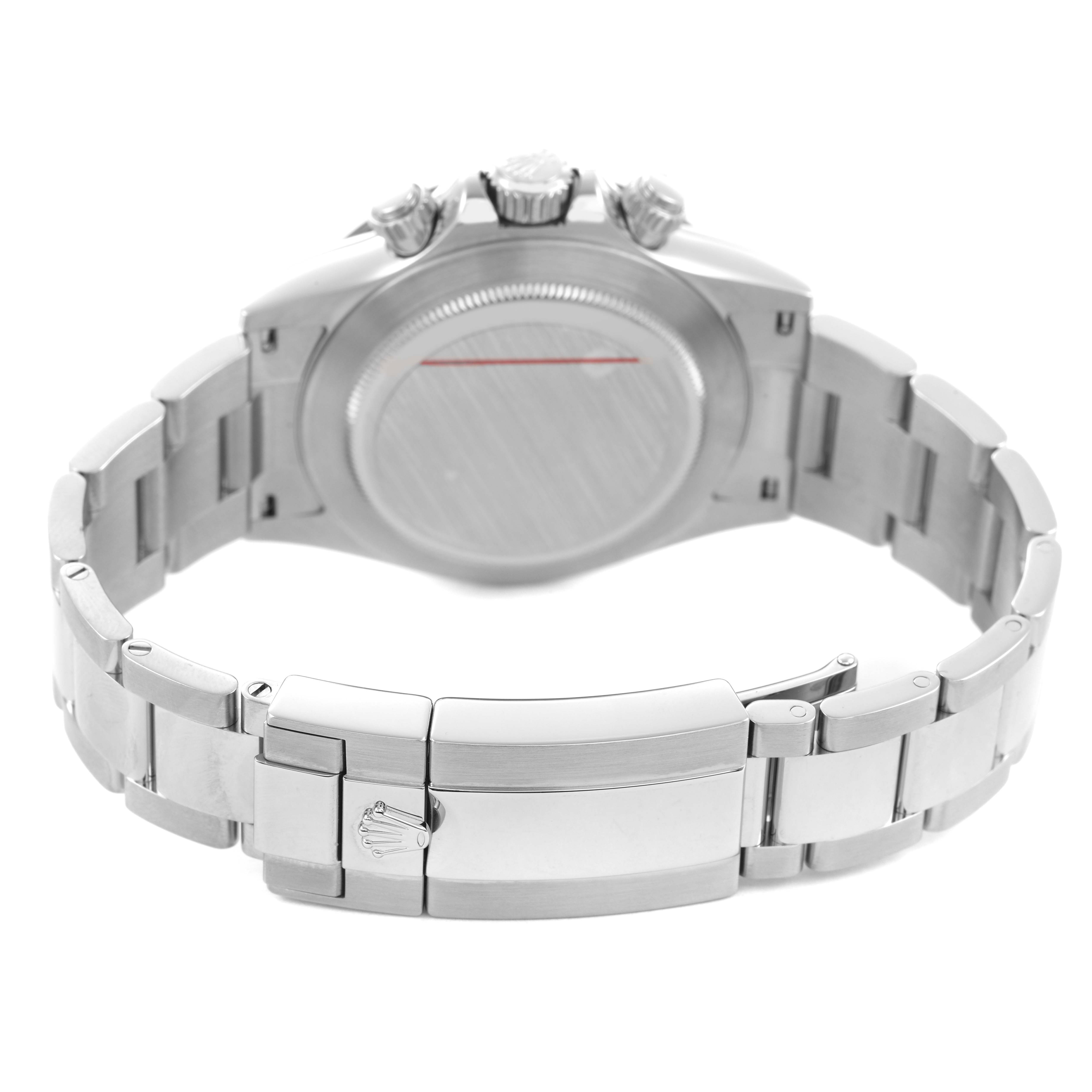 The image shows the back and clasp of a Rolex Daytona M116500LN-0001 Men's Stainless Steel White Dial watch from a rear angle.