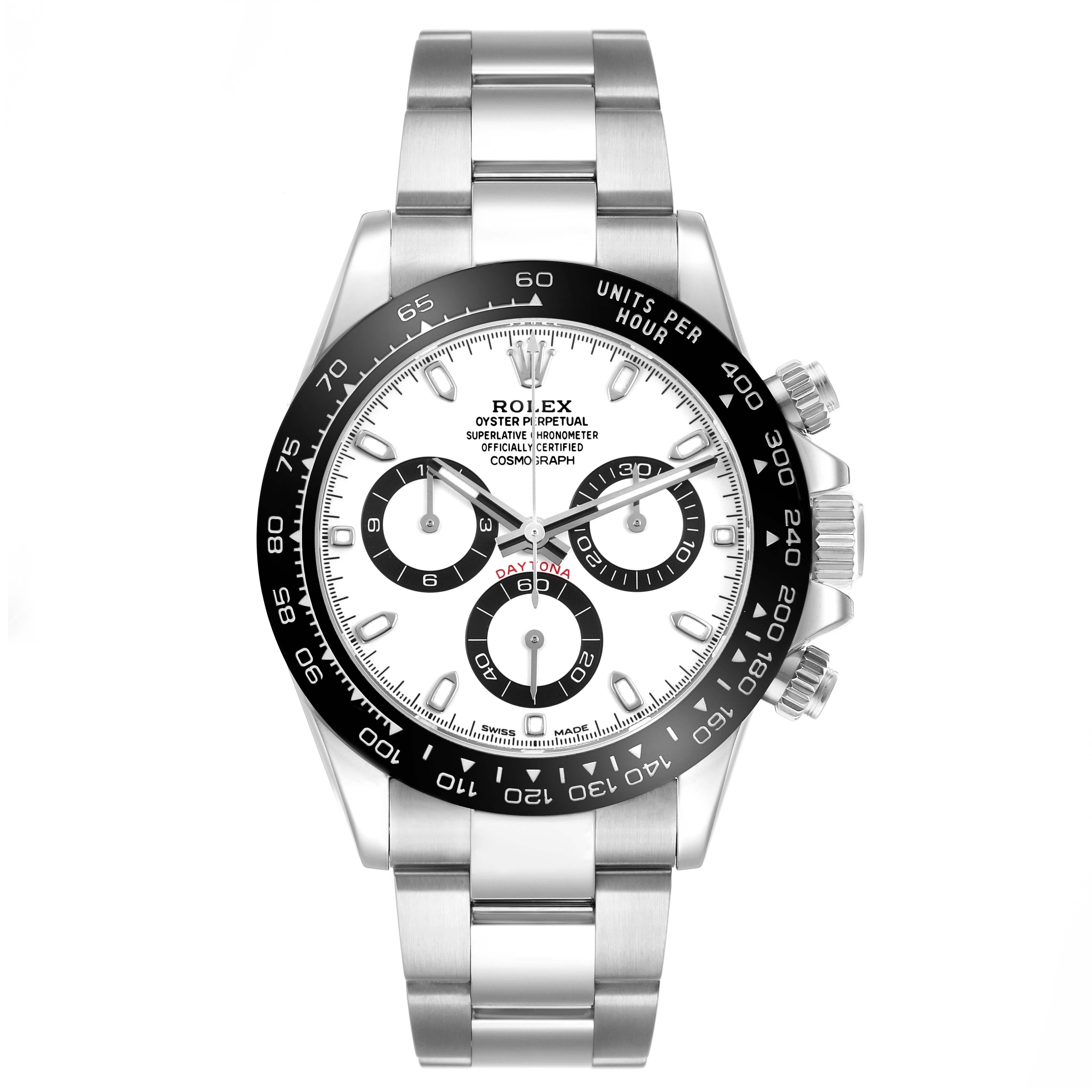The Rolex Daytona M116500LN-0001 Men's Stainless Steel White Dial watch is shown from the front, featuring its dial, bezel, and bracelet.