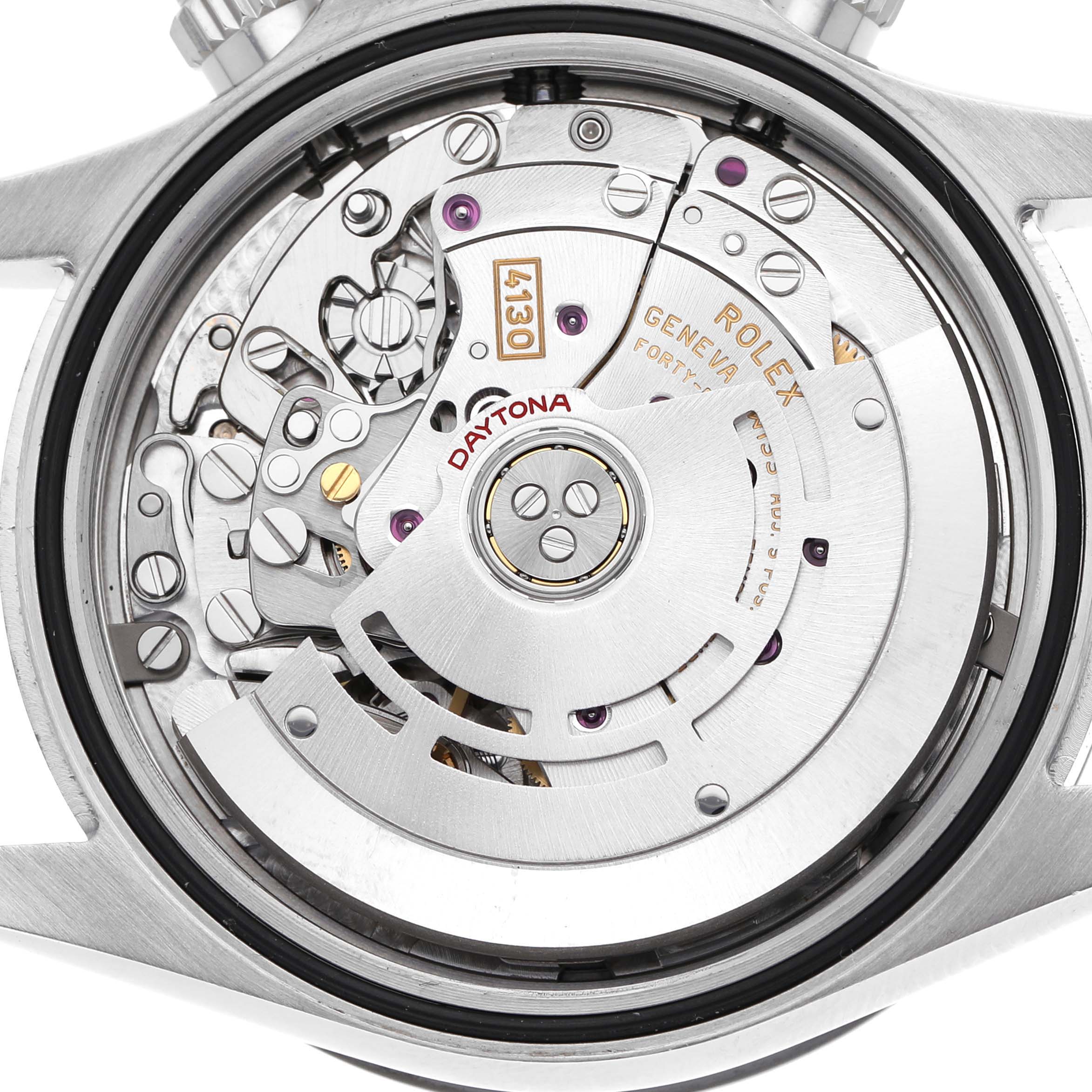 The image shows the movement mechanism of a Rolex Daytona M116500LN-0001 Men's Stainless Steel White Dial, viewed from the back.