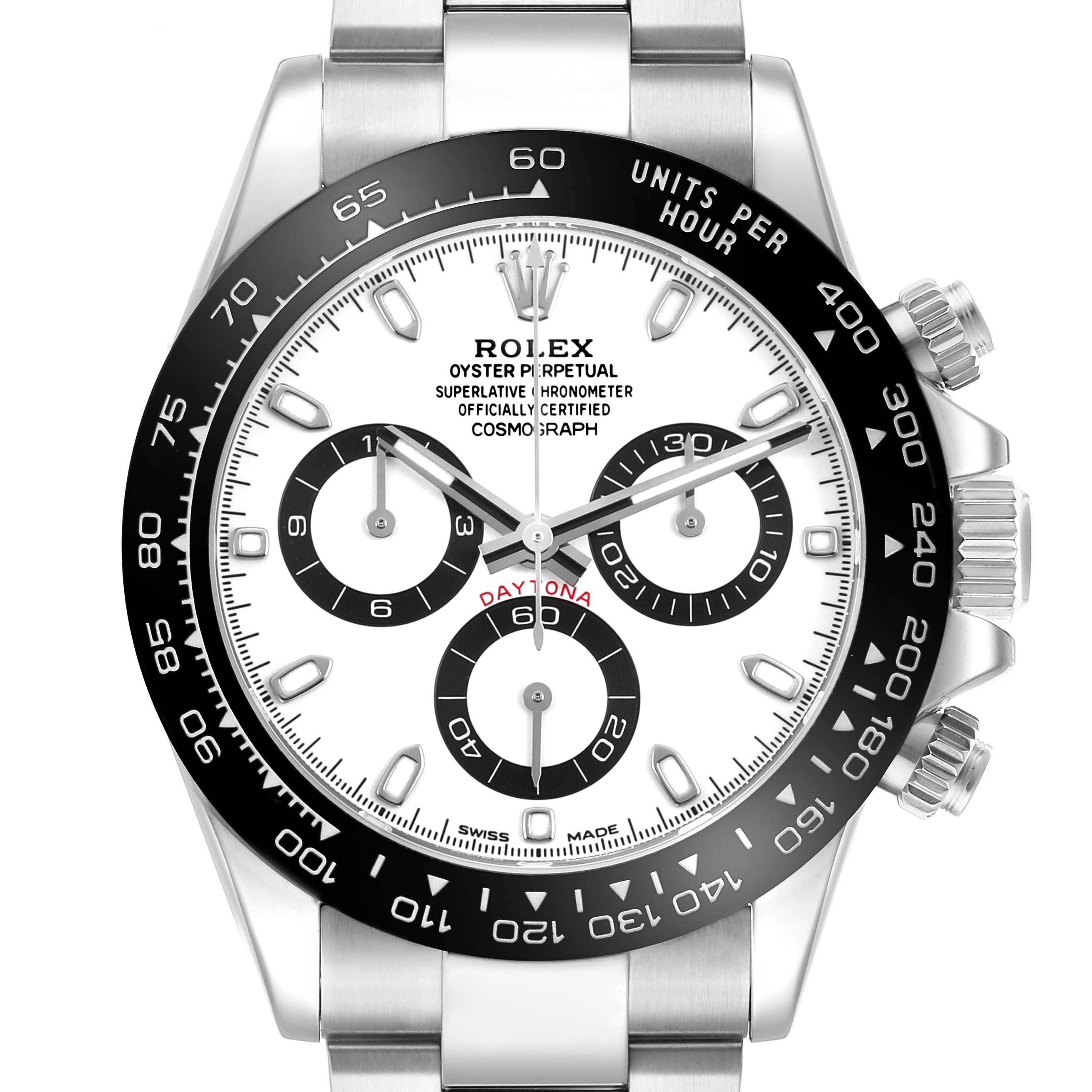 The Rolex Daytona M116500LN-0001 Men's Stainless Steel White Dial watch is shown from a front angle, highlighting the dial, bezel, and part of the bracelet.