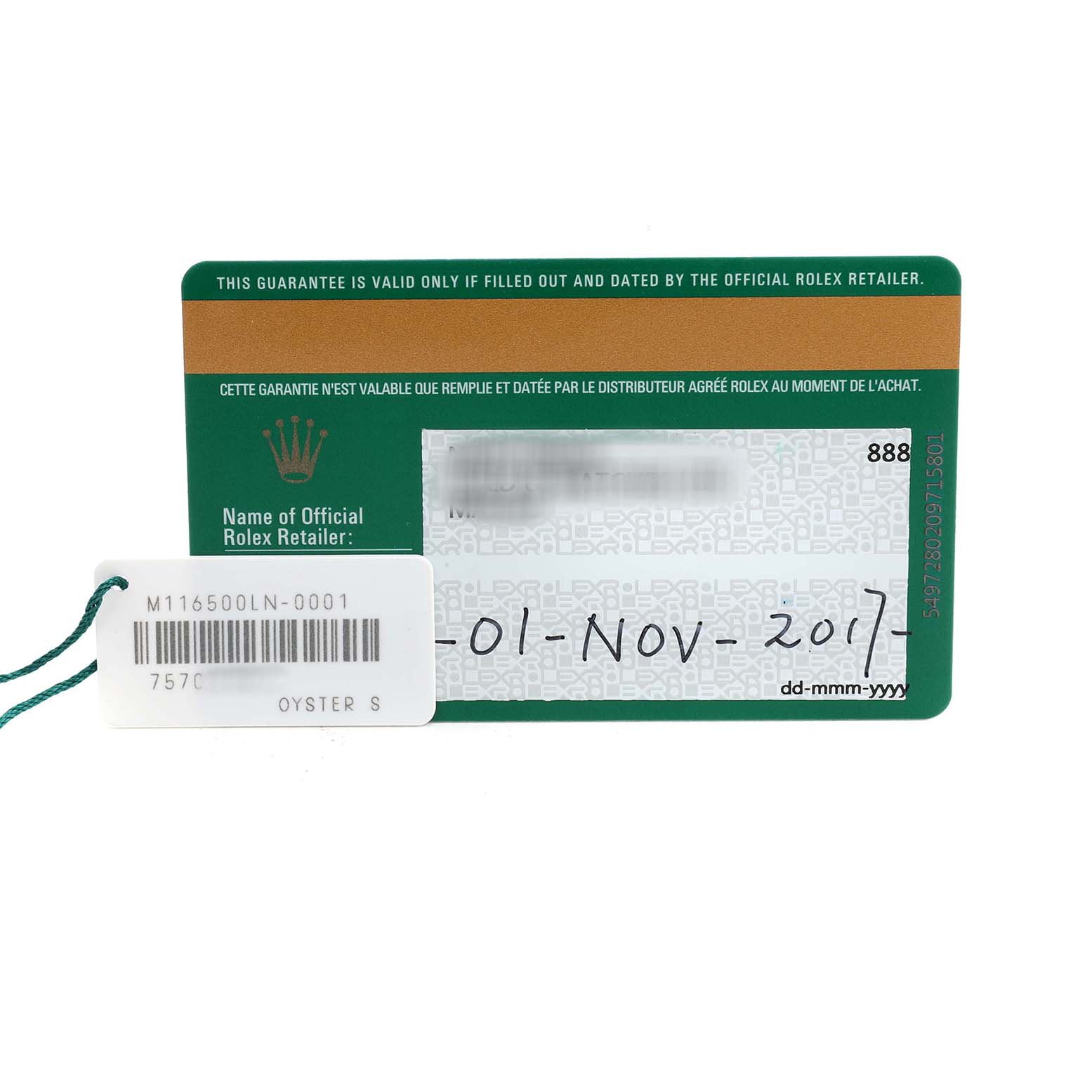 The image shows a warranty card for a Rolex Daytona M116500LN-0001 Men's Stainless Steel White Dial watch, featuring model and purchase information.