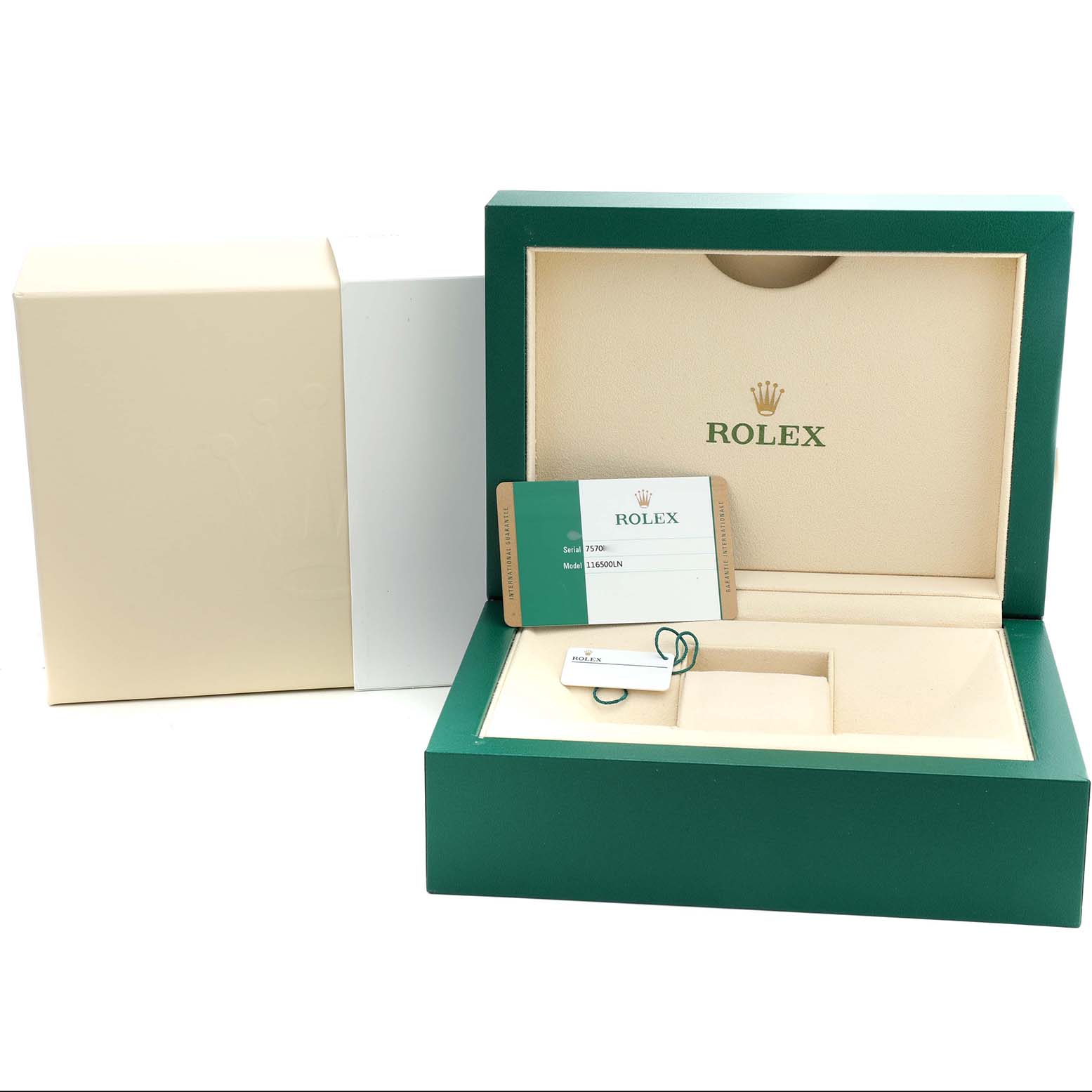 The image shows an open Rolex Daytona M116500LN-0001 Men's Stainless Steel White Dial box with packaging and a warranty card.