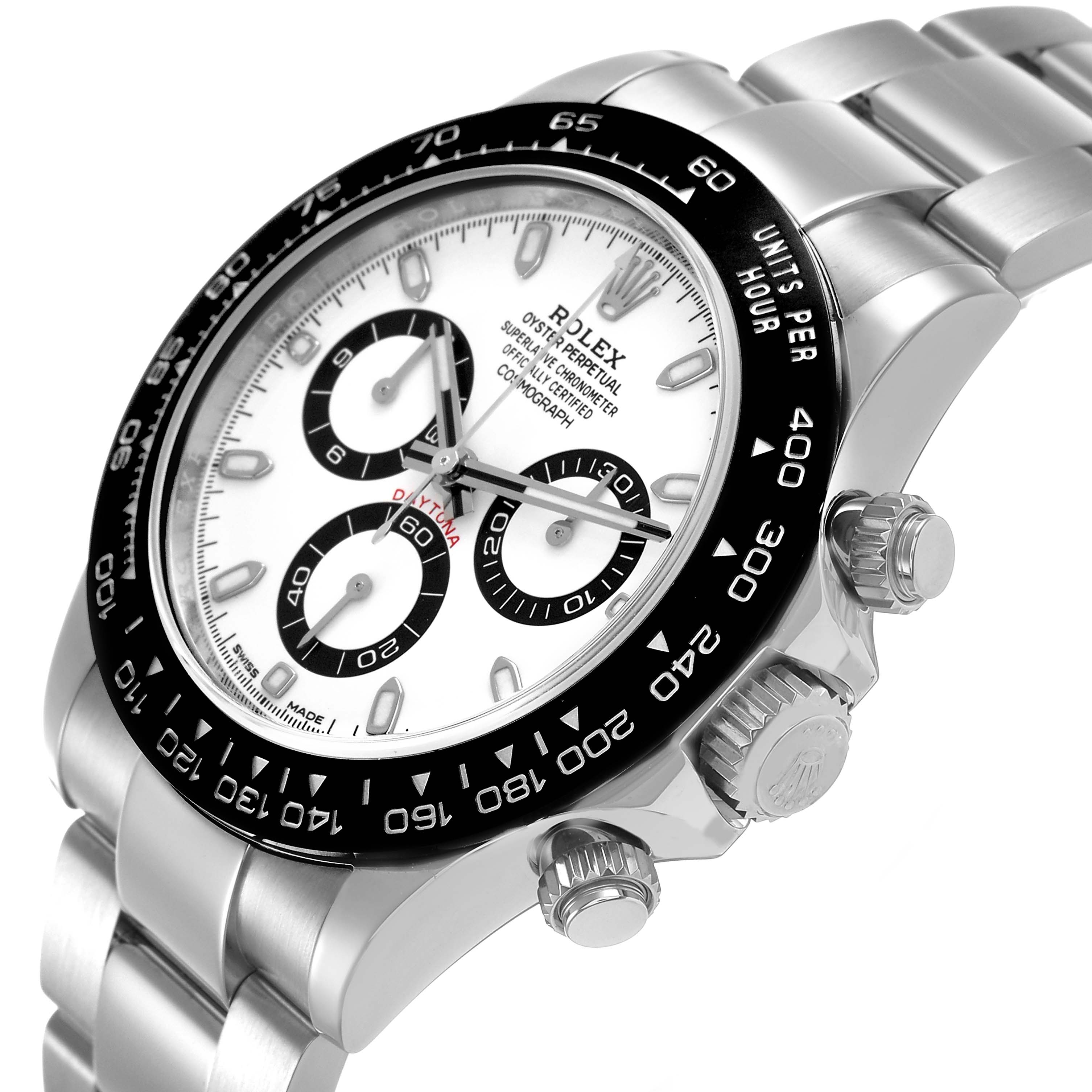 The Rolex Daytona M116500LN-0001 Men's Stainless Steel White Dial watch is shown at an angle highlighting the bezel, dial, crown, and bracelet.
