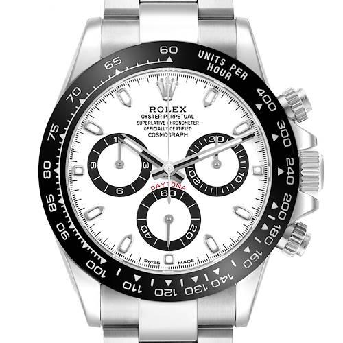 The Rolex Daytona M116500LN-0001 Men's Stainless Steel White Dial watch is shown from the front, highlighting its dial, bezel, and subdials.