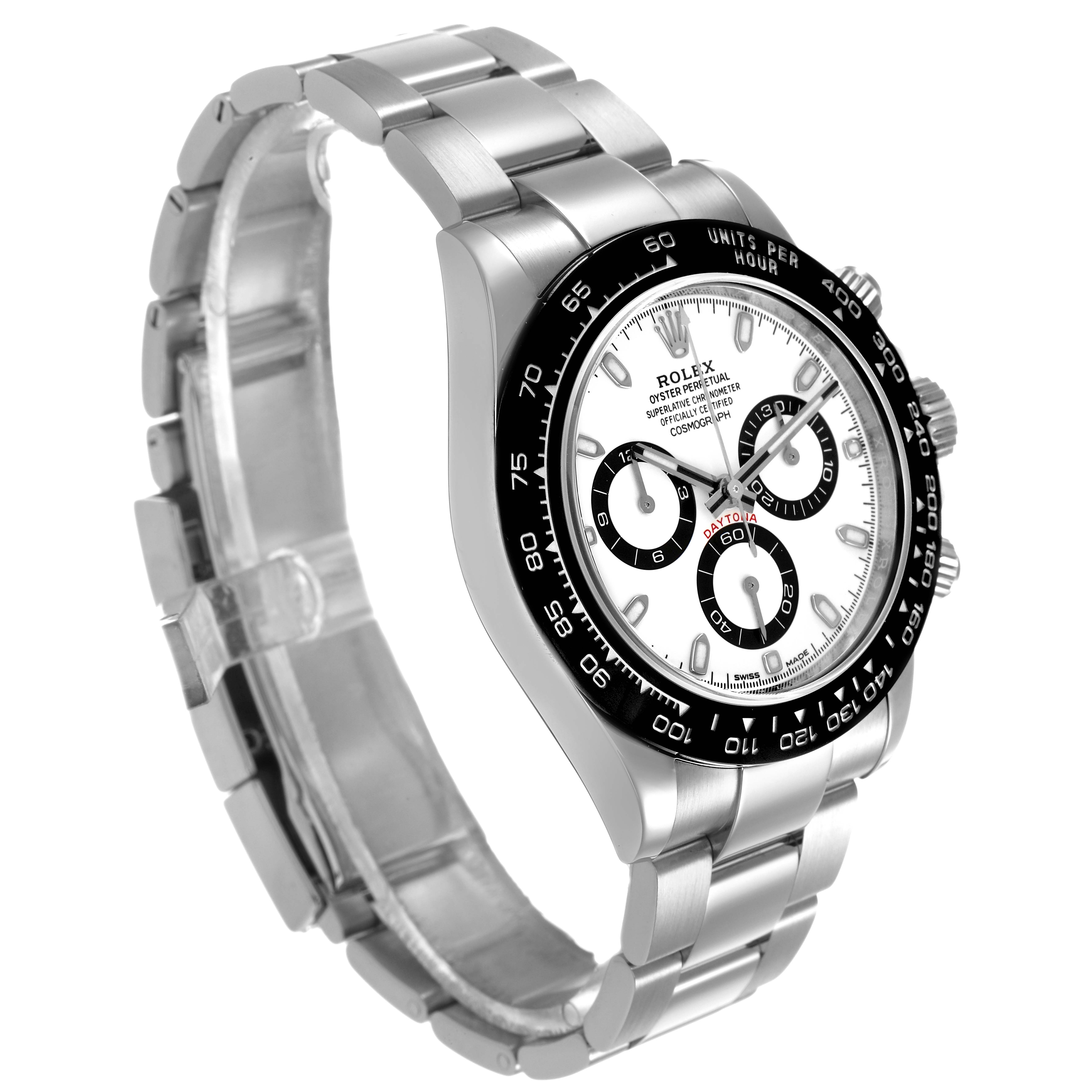 The Rolex Daytona M116500LN-0001 Men's Stainless Steel White Dial watch is shown at a three-quarter angle, highlighting the dial, bezel, and bracelet.