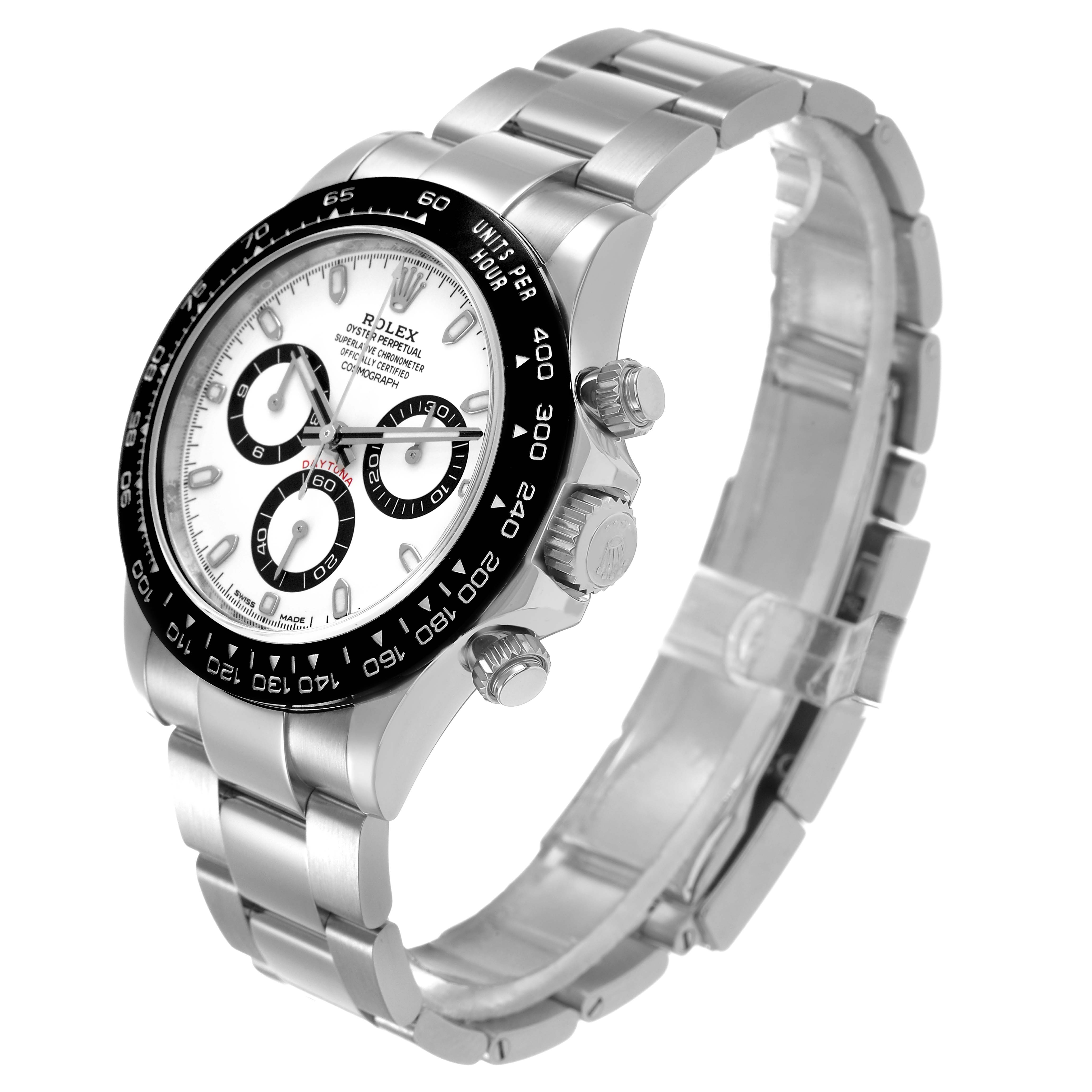 The Rolex Daytona M116500LN-0001 Men's Stainless Steel White Dial watch is shown at a three-quarter angle displaying the bezel, face, subdials, case, crown, and part of the bracelet.