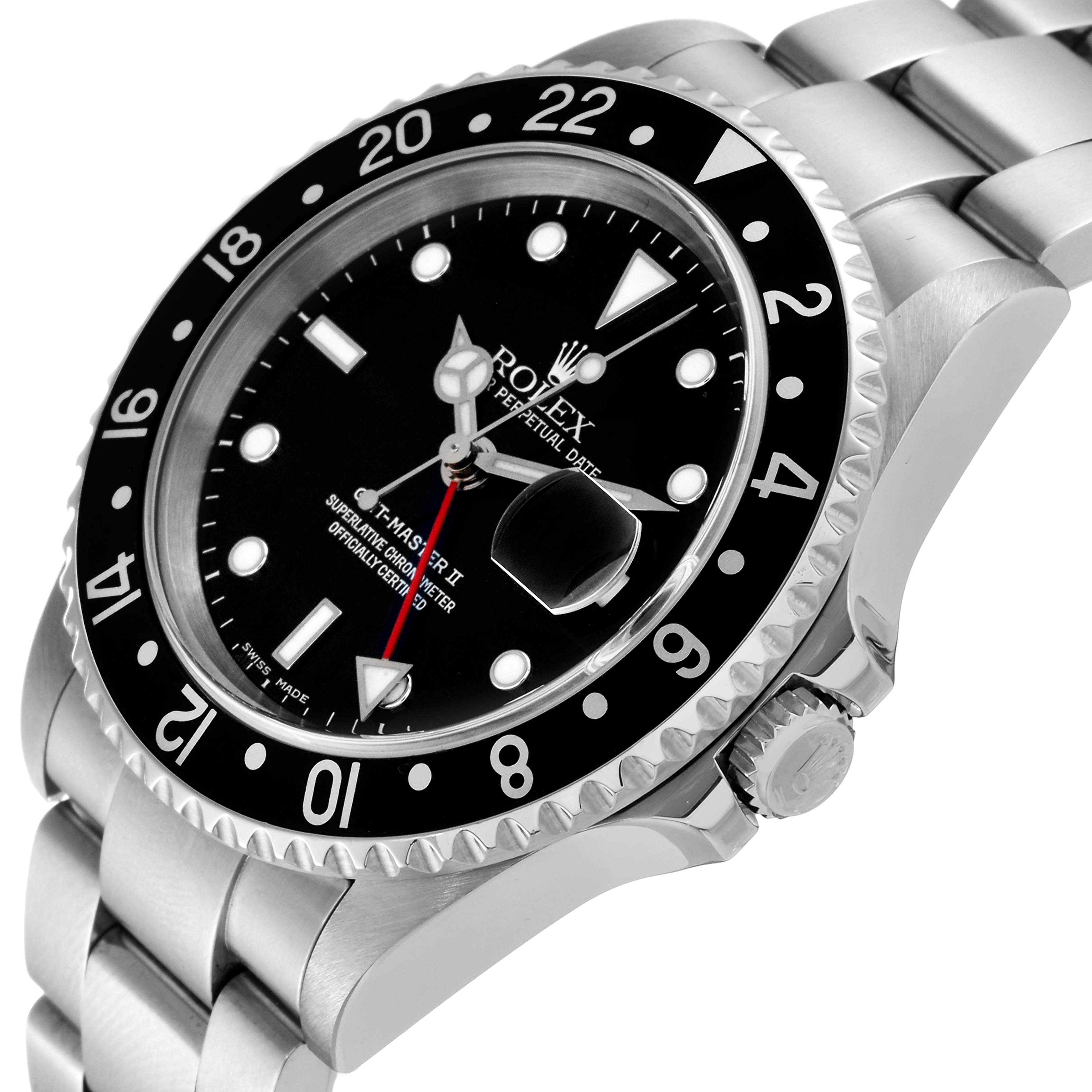 The image shows a side angle of the Rolex GMT-Master 16710 Men
s Stainless Steel Black Dial 16710 Men
s Stainless Steel Black Dial II watch, highlighting its bezel, dial, and crown.