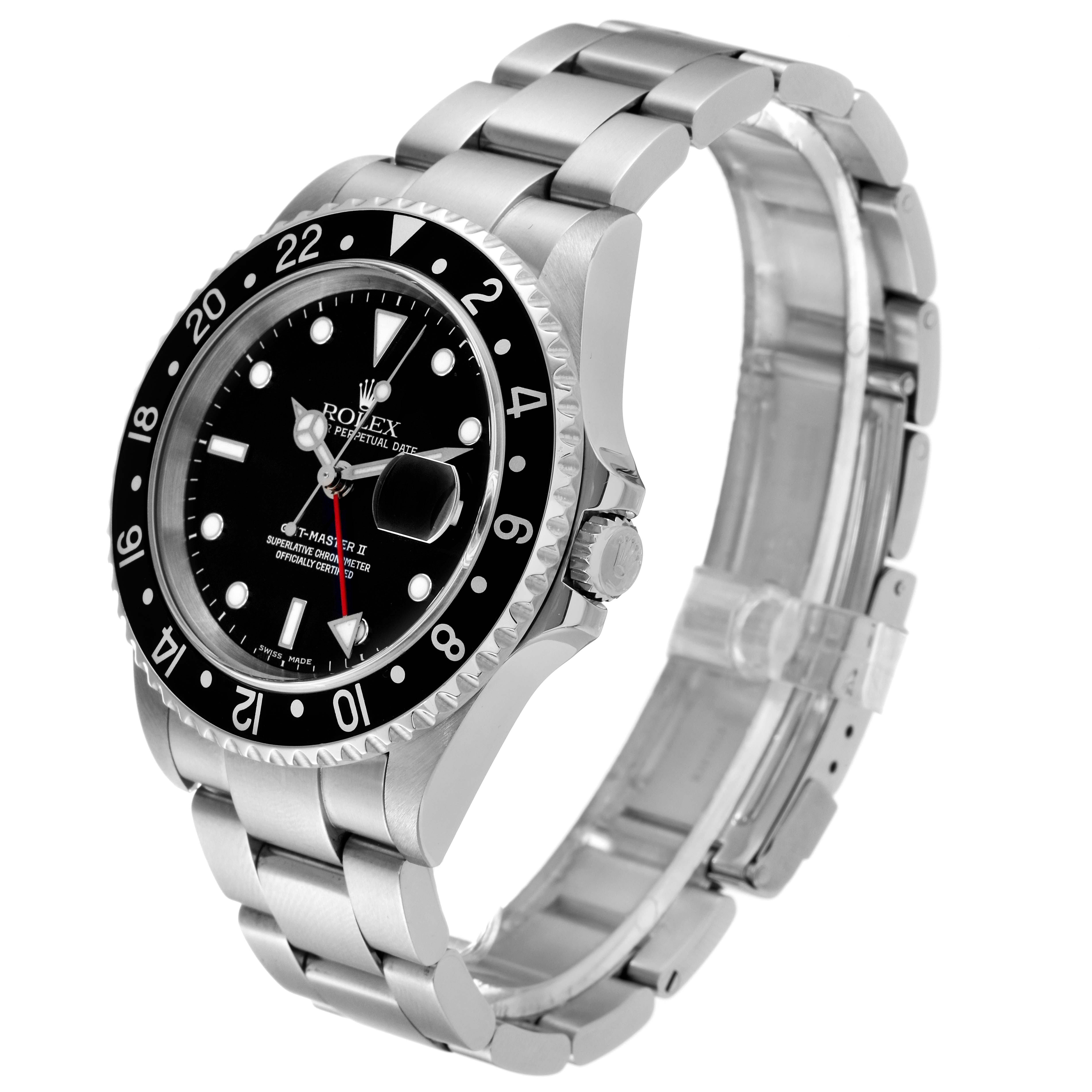 The image shows a side angle of the Rolex GMT-Master 16710 Men
s Stainless Steel Black Dial 16710 Men
s Stainless Steel Black Dial II watch featuring the bezel, dial, and bracelet.