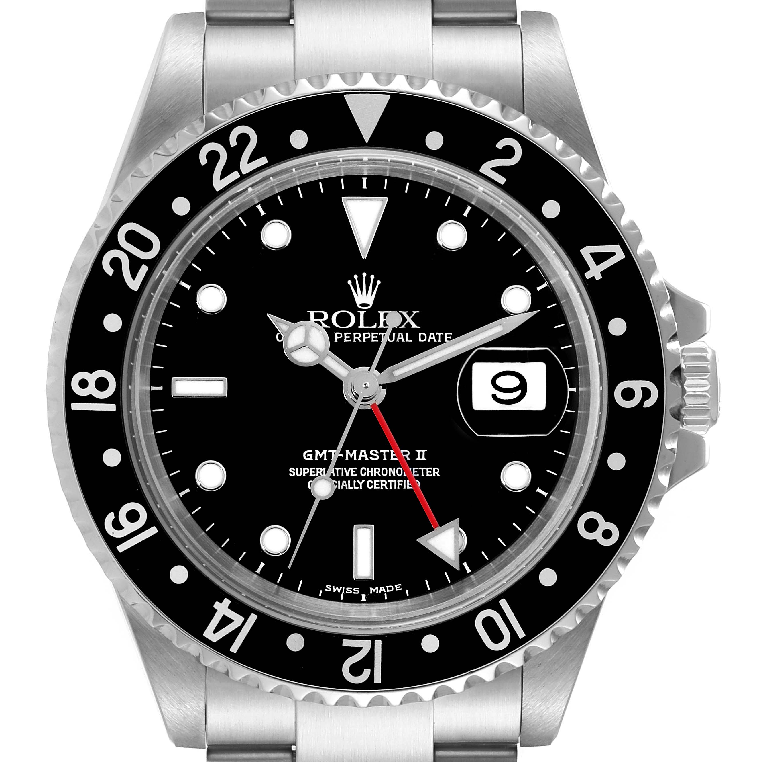 The image shows a front view of a Rolex GMT-Master 16710 Men
s Stainless Steel Black Dial 16710 Men
s Stainless Steel Black Dial II watch, displaying the dial, bezel, crown, and part of the bracelet.