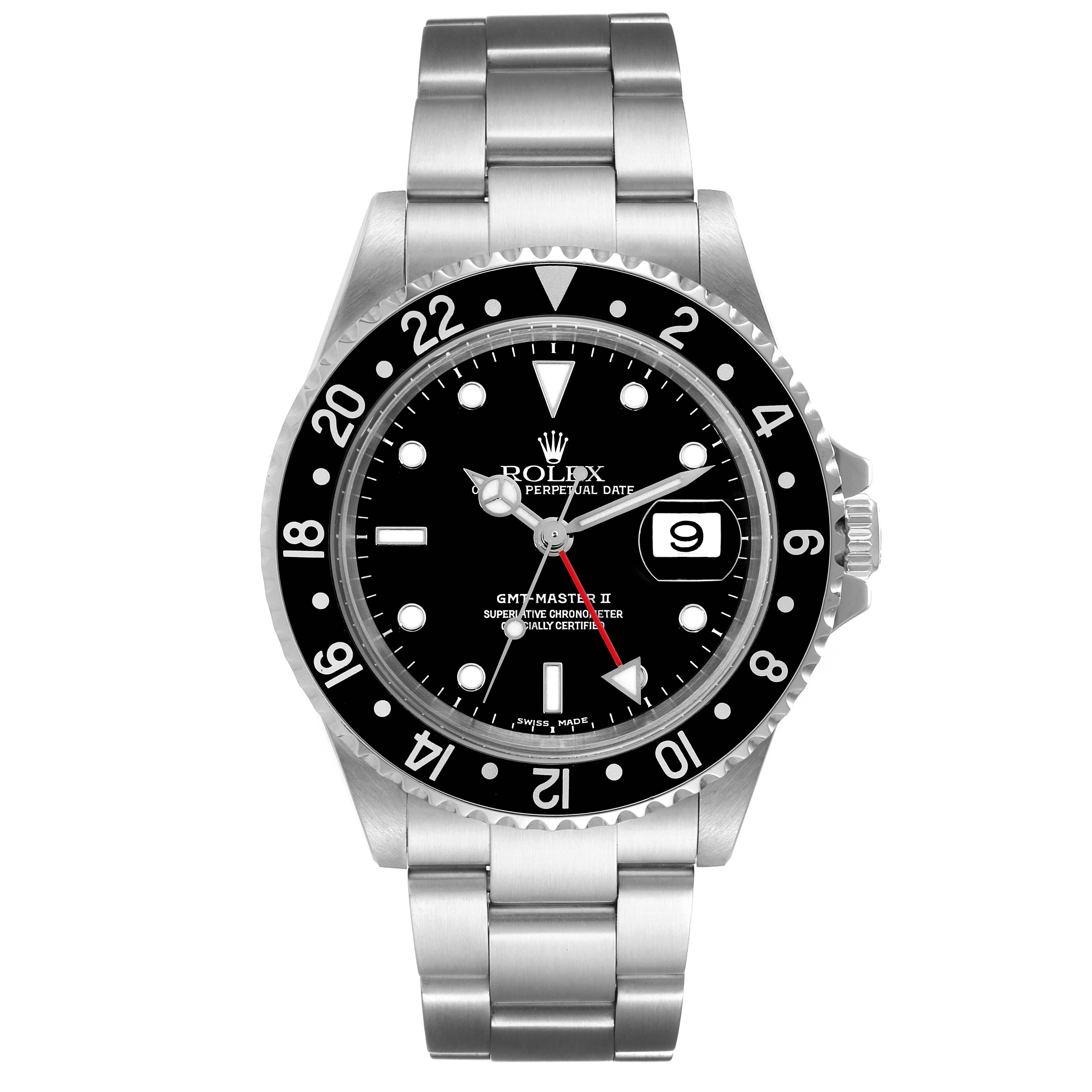 This image shows a Rolex GMT-Master 16710 Men
s Stainless Steel Black Dial 16710 Men
s Stainless Steel Black Dial II watch from a frontal view, highlighting the bezel, dial, hands, and bracelet.