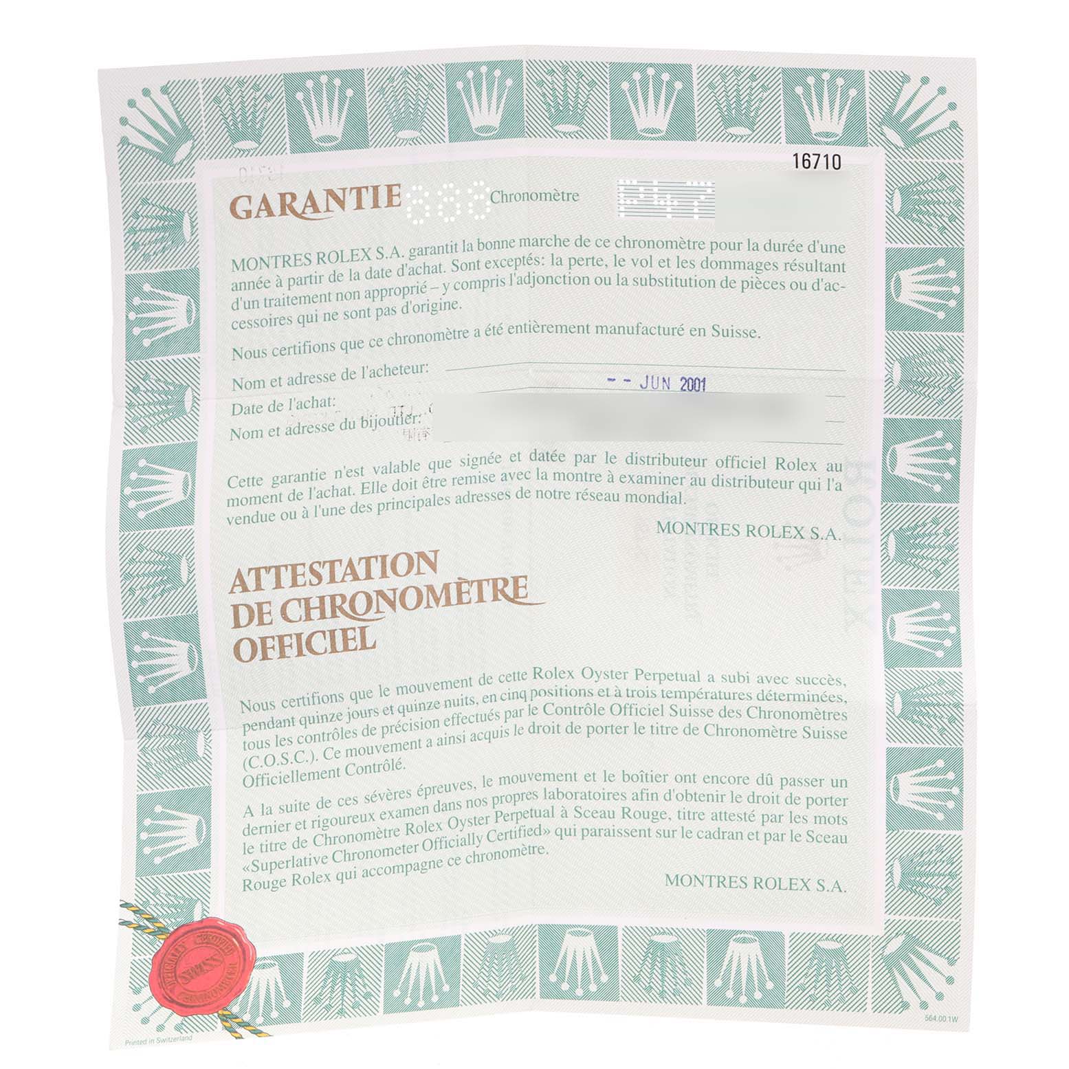 This image shows the warranty certificate for a Rolex GMT-Master 16710 Men
s Stainless Steel Black Dial 16710 Men
s Stainless Steel Black Dial watch, including the brand
s logo and purchase details.