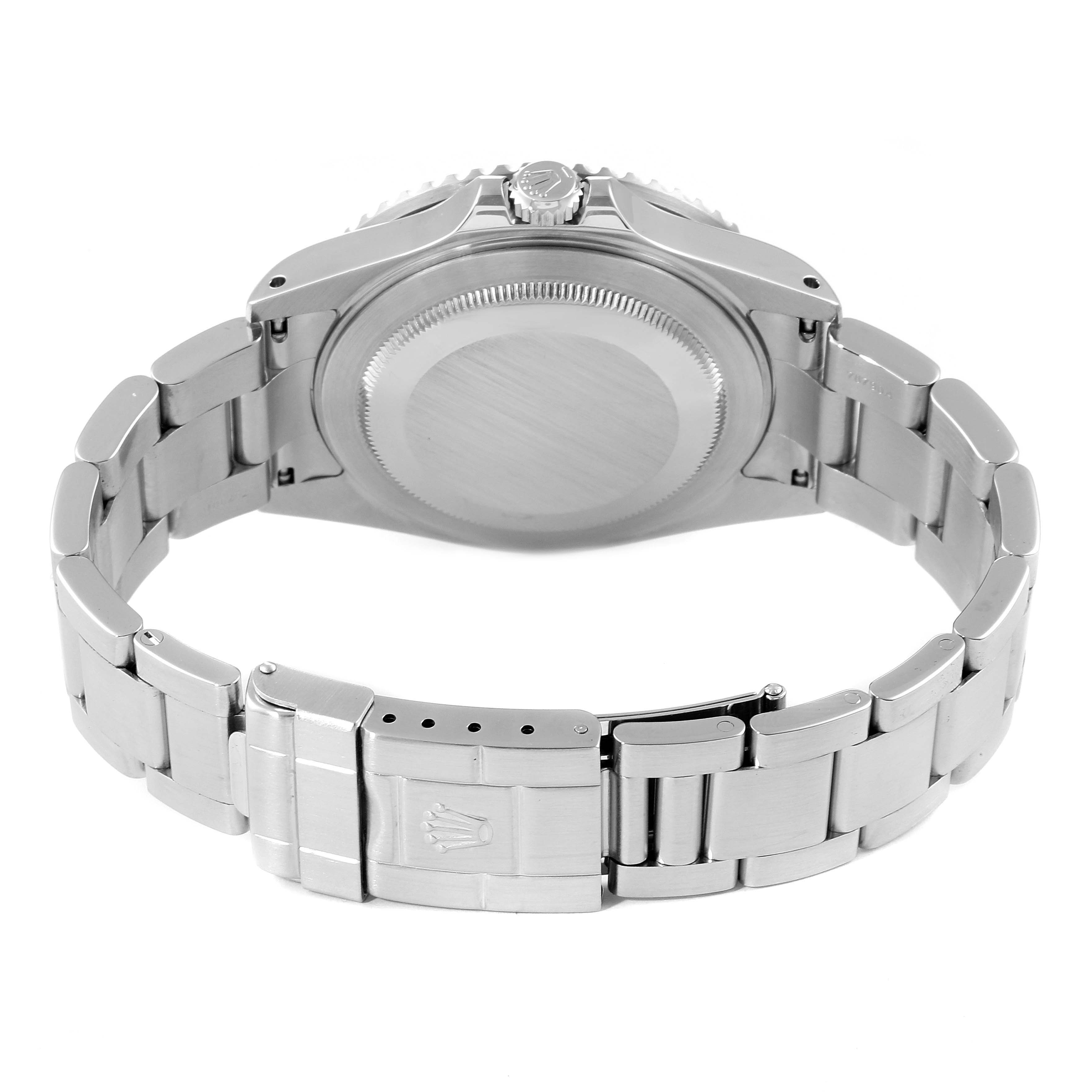 This image shows the rear angle of the Rolex GMT-Master 16710 Men
s Stainless Steel Black Dial 16710 Men
s Stainless Steel Black Dial watch, highlighting the case back, crown, and bracelet clasp.