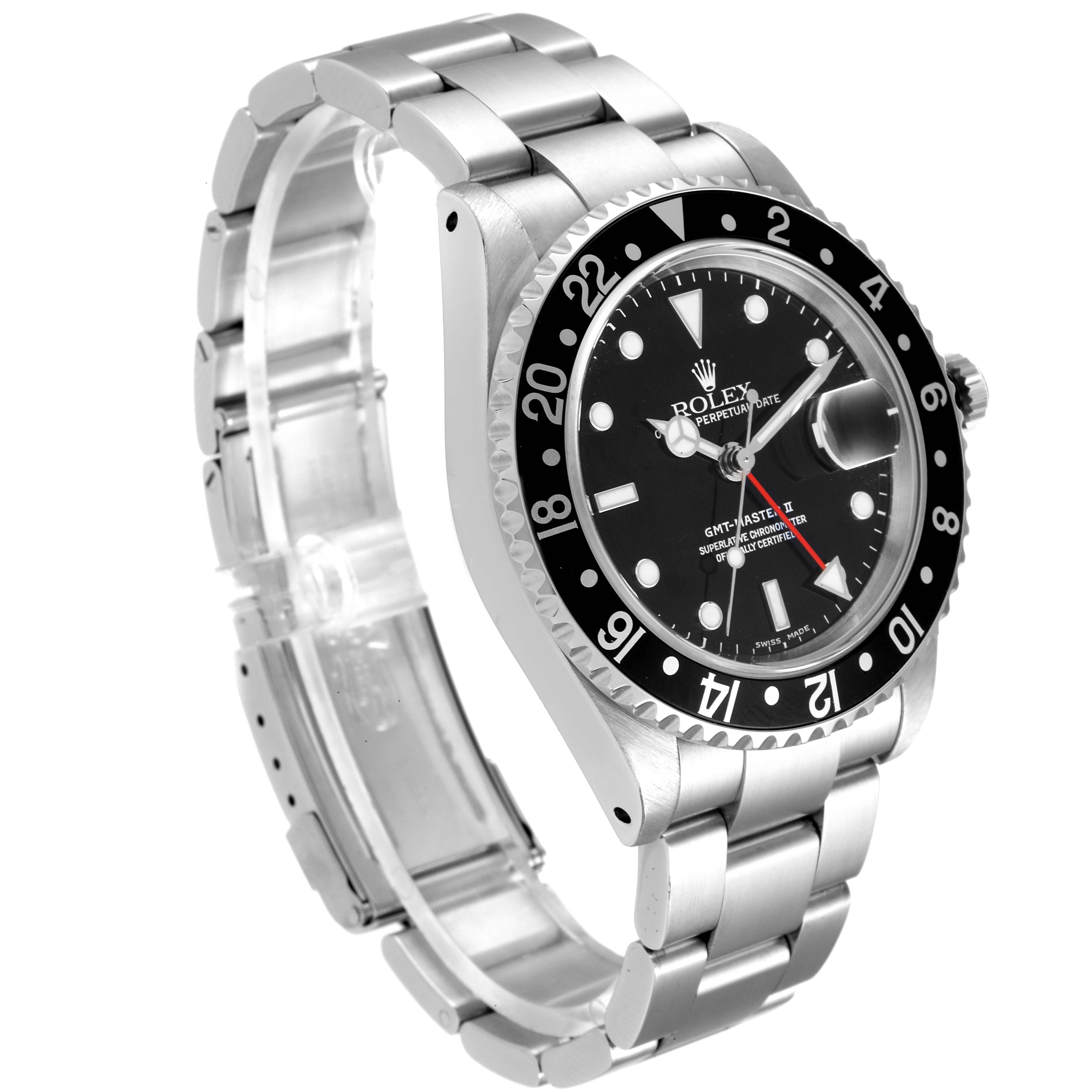 The image shows a side angle of the Rolex GMT-Master 16710 Men
s Stainless Steel Black Dial 16710 Men
s Stainless Steel Black Dial watch, highlighting the stainless steel bracelet and bezel.