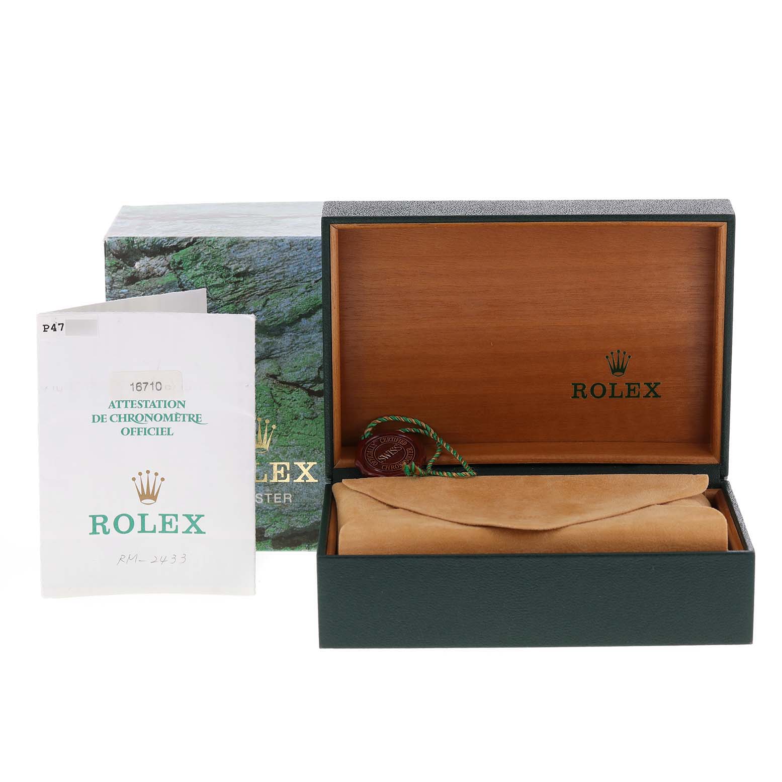 The image shows a Rolex GMT-Master 16710 Men
s Stainless Steel Black Dial 16710 Men
s Stainless Steel Black Dial watch box, along with official documentation and a warranty card.