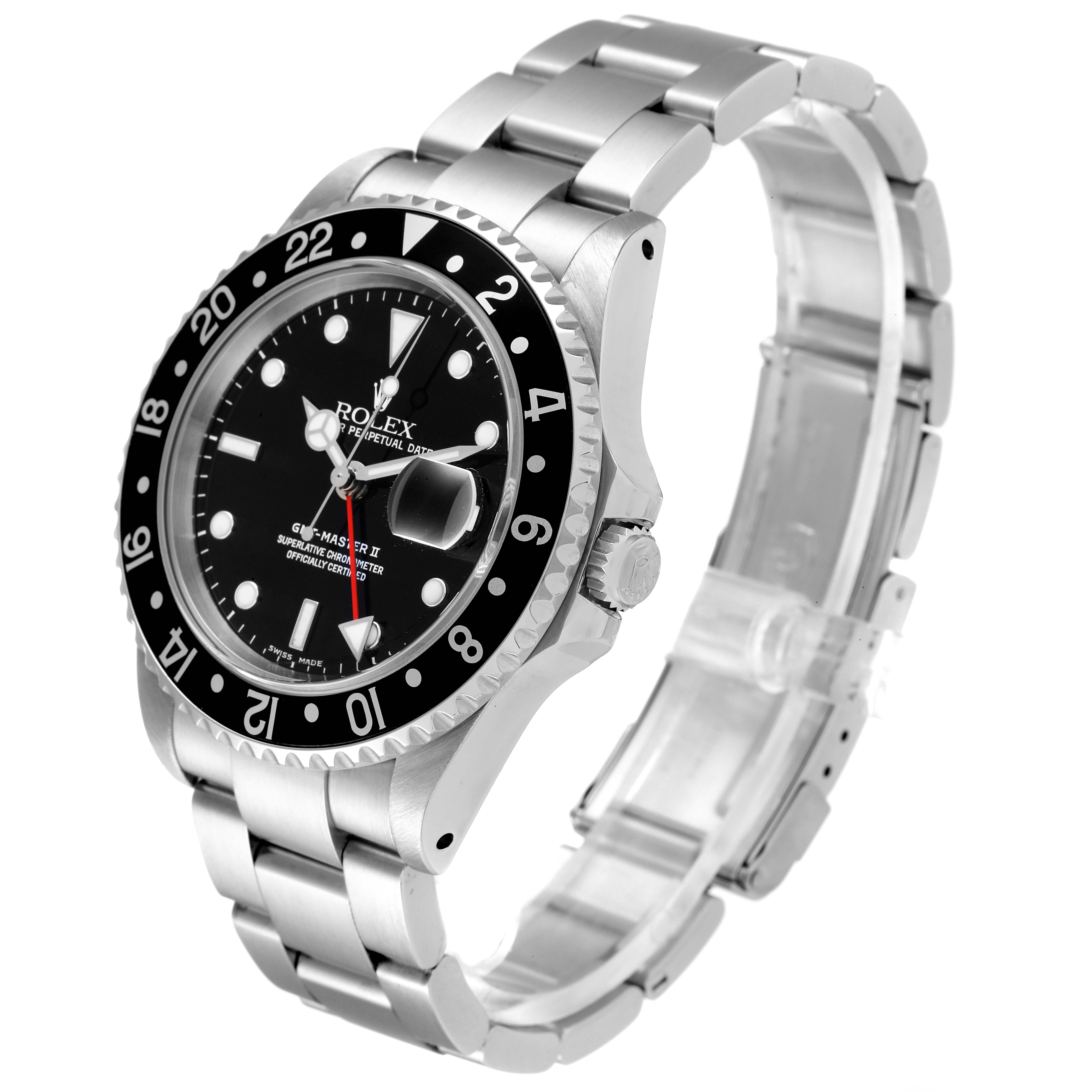 The Rolex GMT-Master 16710 Men
s Stainless Steel Black Dial 16710 Men
s Stainless Steel Black Dial watch is shown at a 3/4 angle, displaying the bezel, dial, case, crown, and bracelet.