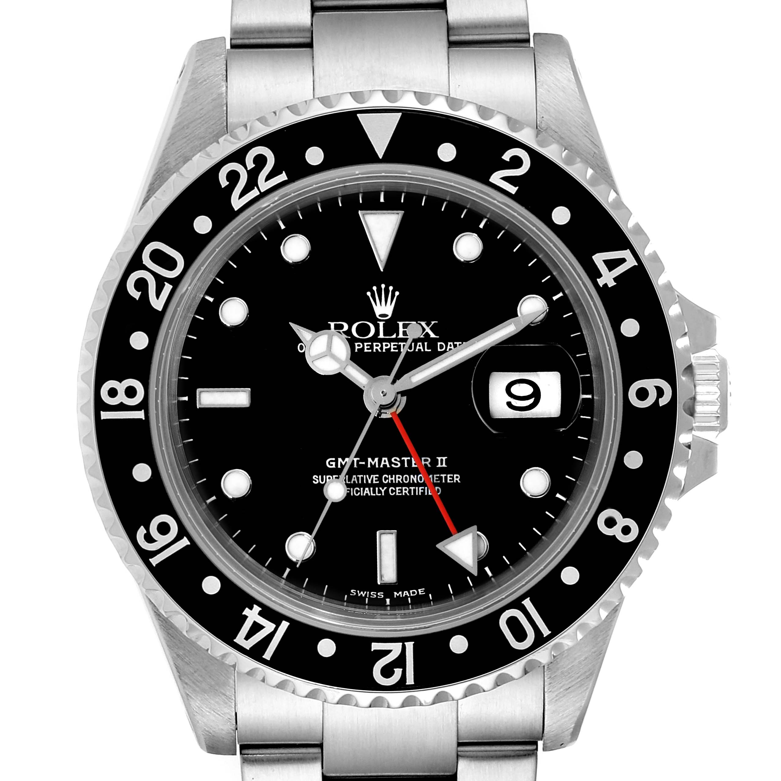 The image shows a front view of the Rolex GMT-Master 16710 Men
s Stainless Steel Black Dial 16710 Men
s Stainless Steel Black Dial II watch, displaying the dial, bezel, and part of the bracelet.