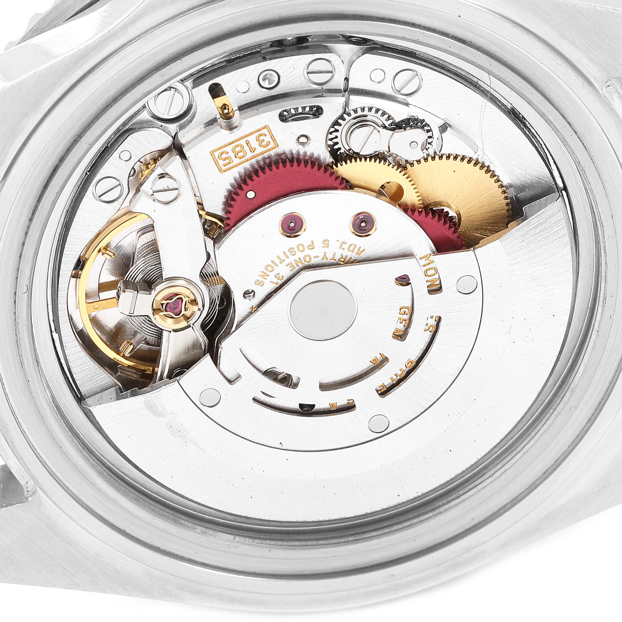 The image shows the intricate internal mechanism of a Rolex GMT-Master 16710 Men
s Stainless Steel Black Dial 16710 Men
s Stainless Steel Black Dial watch, viewed from the back.