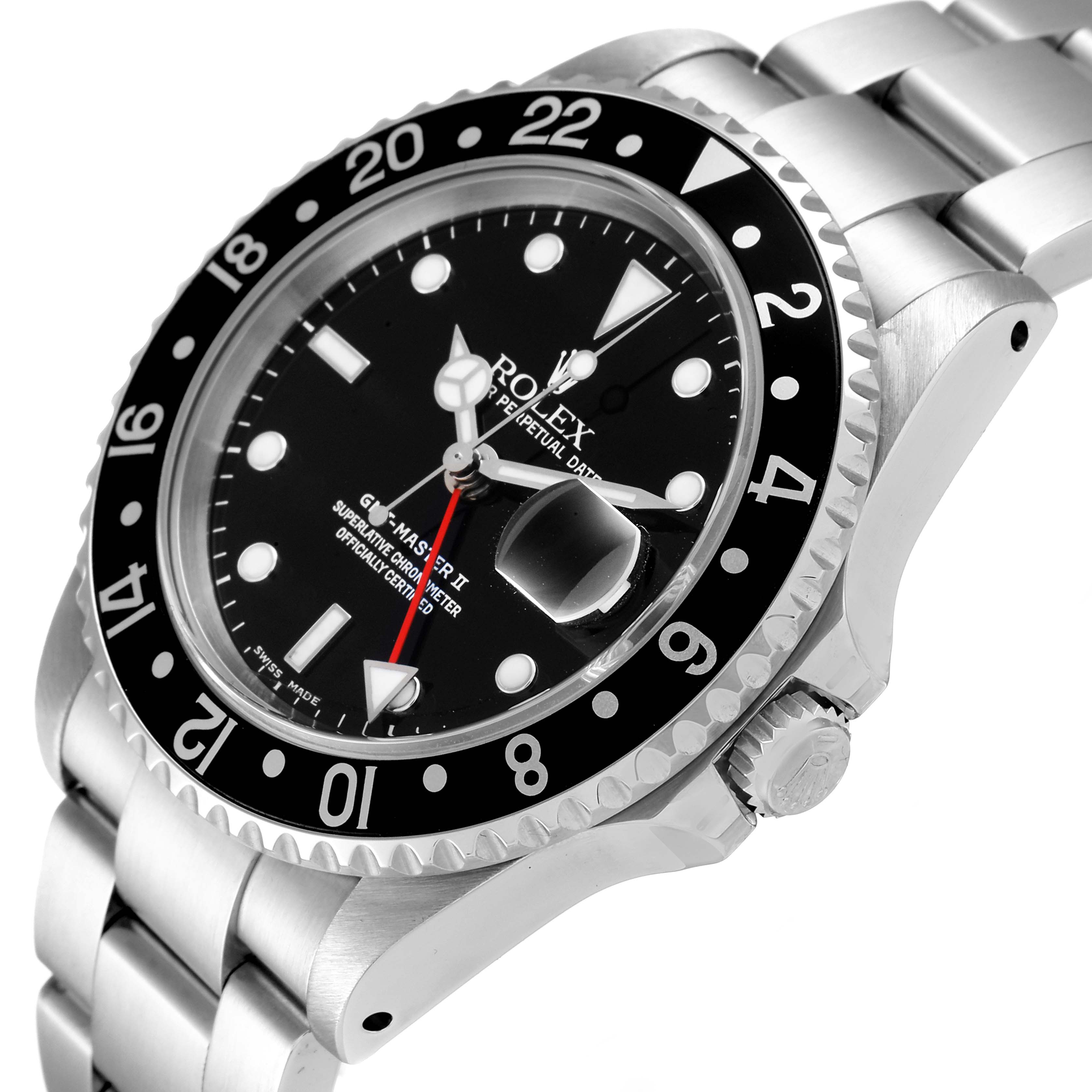 The image shows a side-angle view of the Rolex GMT-Master 16710 Men
s Stainless Steel Black Dial 16710 Men
s Stainless Steel Black Dial II watch, highlighting its bezel, crown, dial, and bracelet.