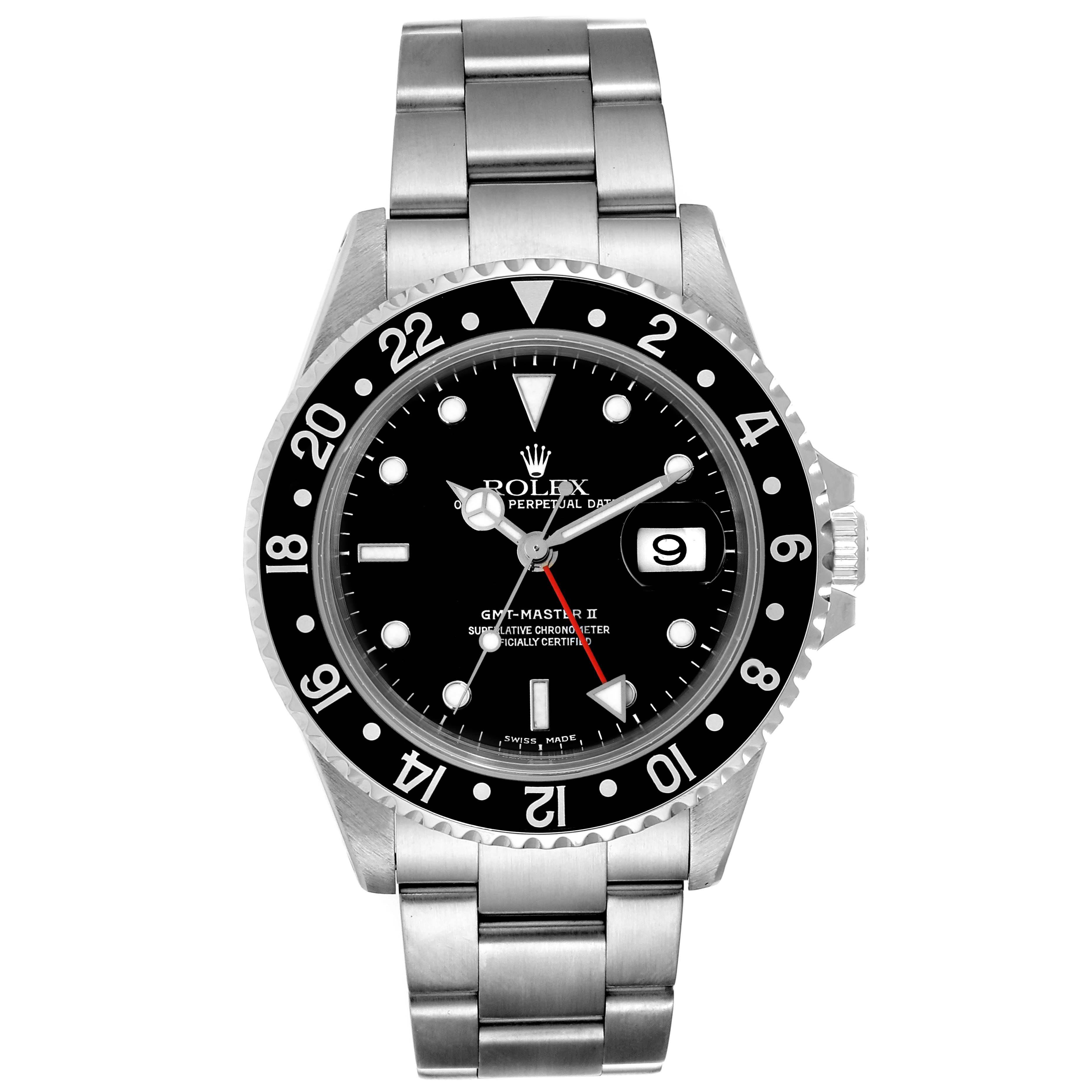 The Rolex GMT-Master 16710 Men
s Stainless Steel Black Dial 16710 Men
s Stainless Steel Black Dial watch is shown from the front, displaying the dial, bezel, and bracelet.