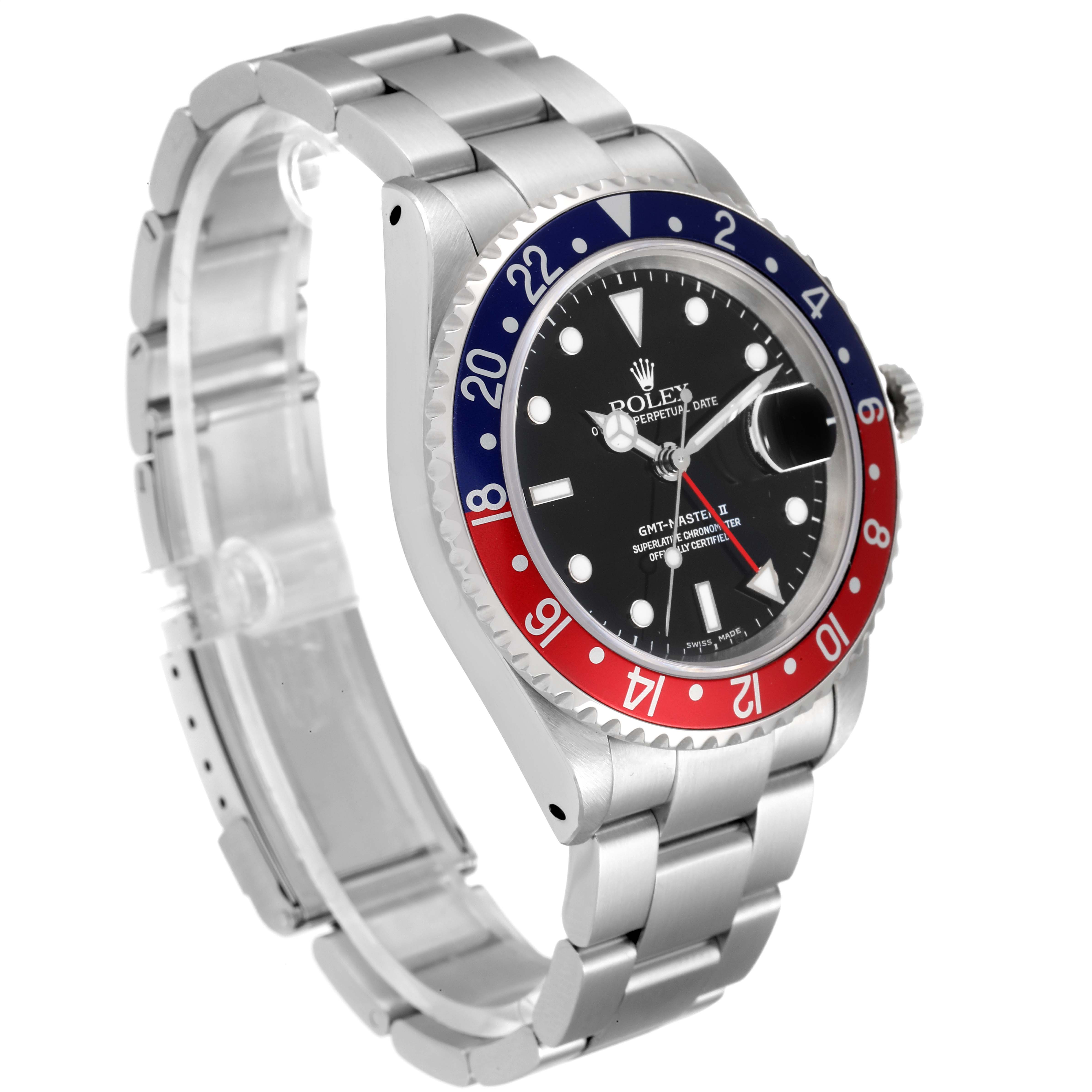 The image shows a Rolex GMT-Master 16710 Men's Stainless Steel Black Dial 16710 Men's Stainless Steel Black Dial watch at a three-quarter angle, displaying the dial, bezel, crown, and bracelet.