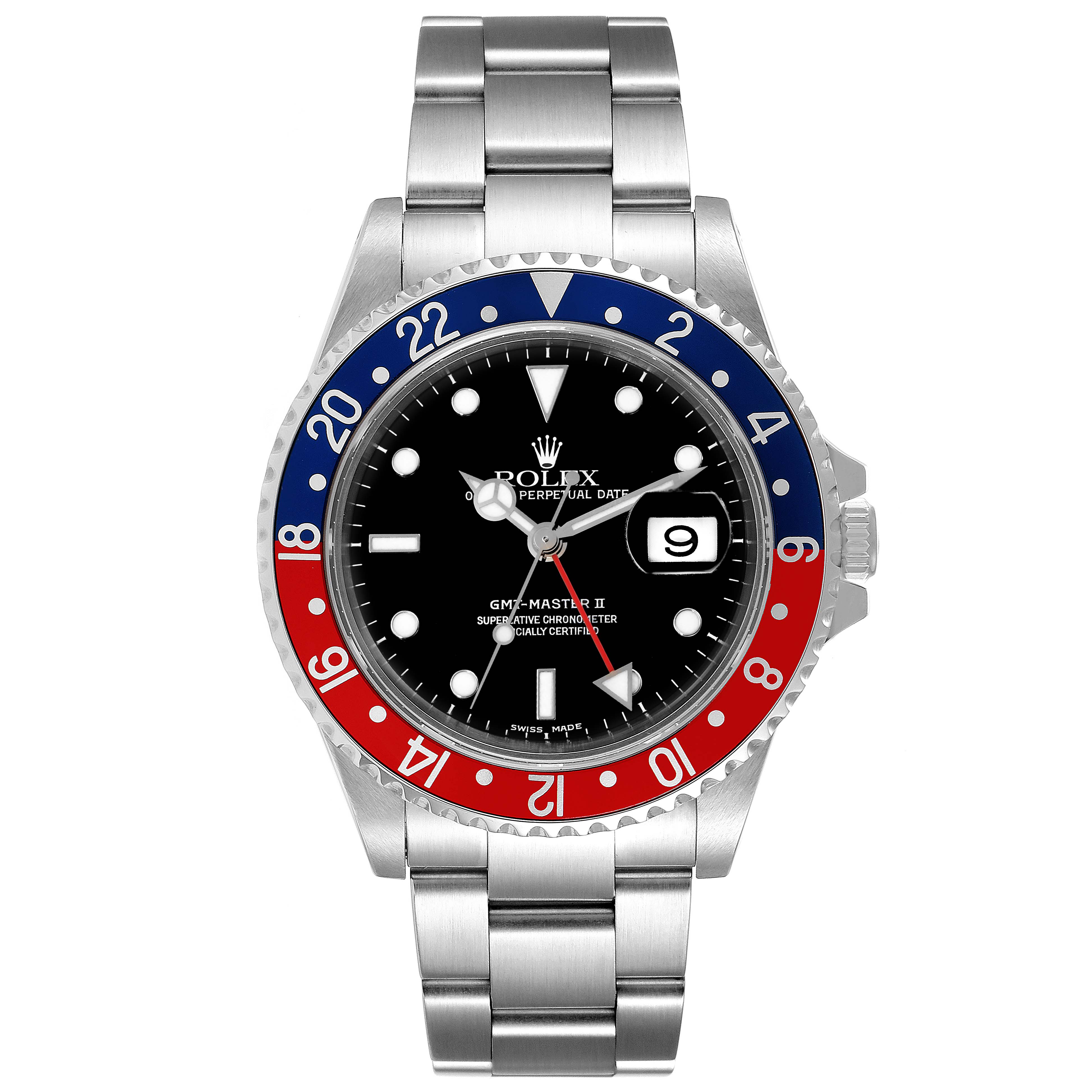 The image shows a front view of the Rolex GMT-Master 16710 Men's Stainless Steel Black Dial 16710 Men's Stainless Steel Black Dial II watch, displaying the face, bezel, bracelet, and crown.