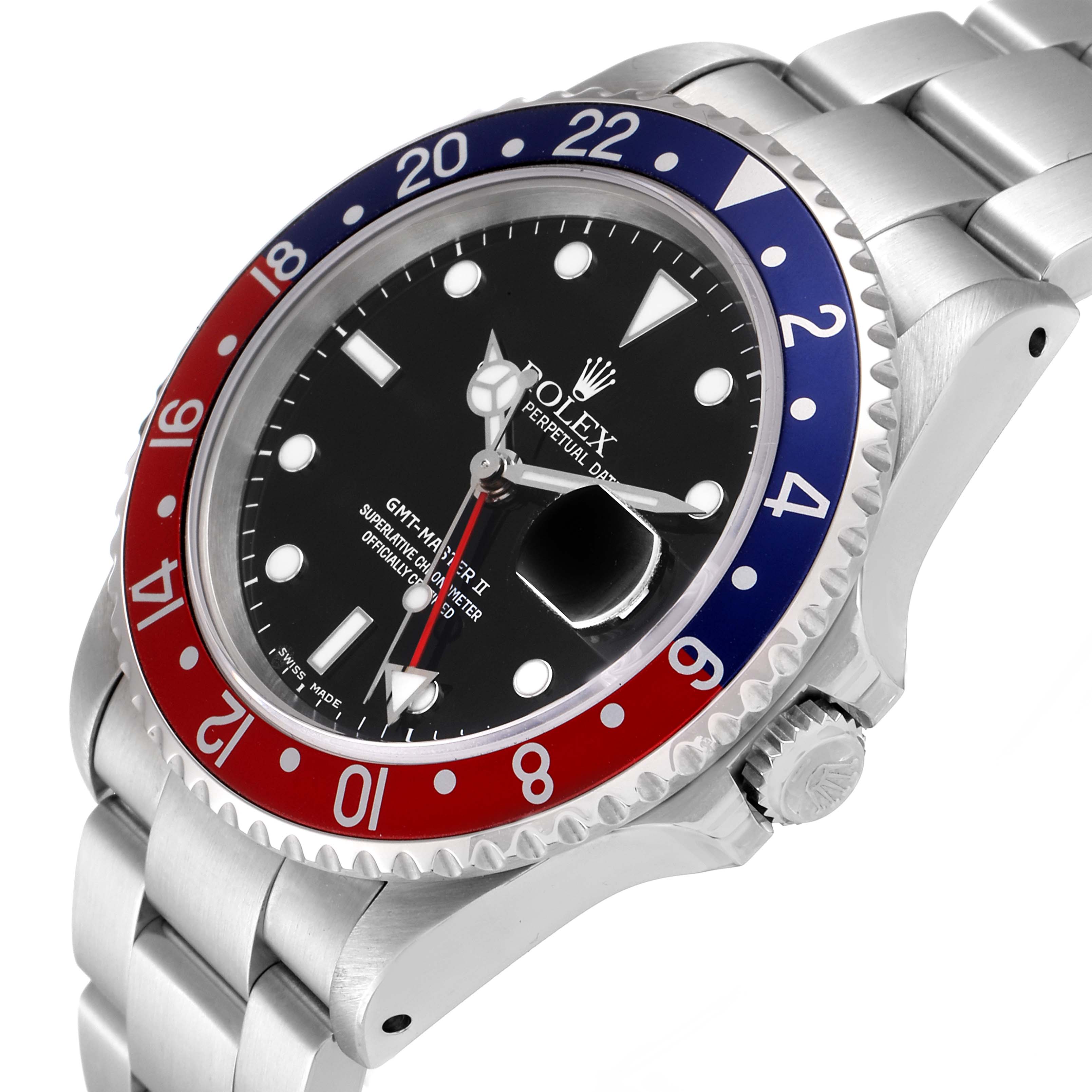 The image shows a side and front angle of a Rolex GMT-Master 16710 Men's Stainless Steel Black Dial 16710 Men's Stainless Steel Black Dial II watch, highlighting its bezel, dial, and bracelet.