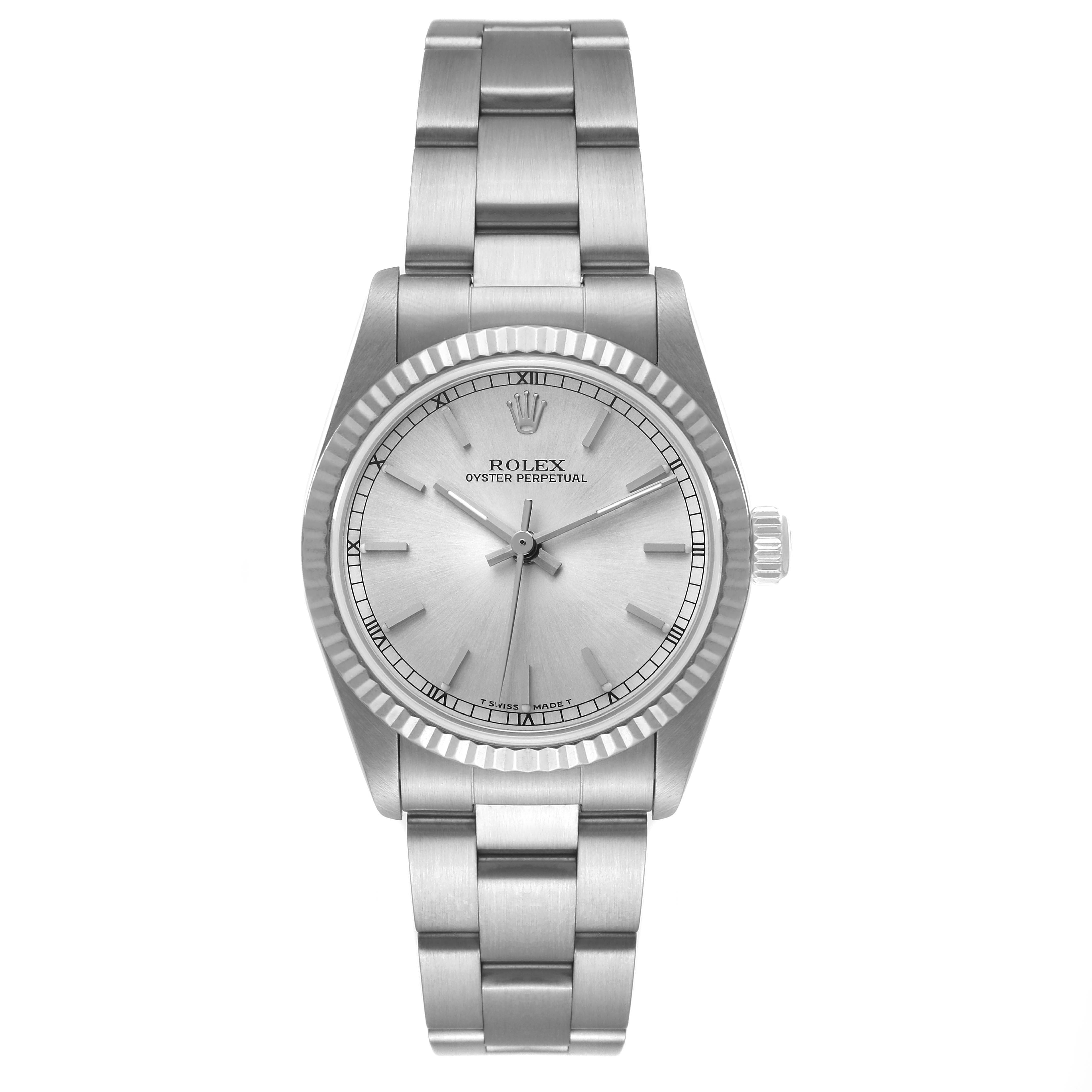 The image shows a front view of a Rolex Mid-Size 67514 Women
s Stainless Steel Silver Dial 67514 Women
s Stainless Steel Silver Dial Oyster Perpetual watch, including the dial, bezel, and bracelet.