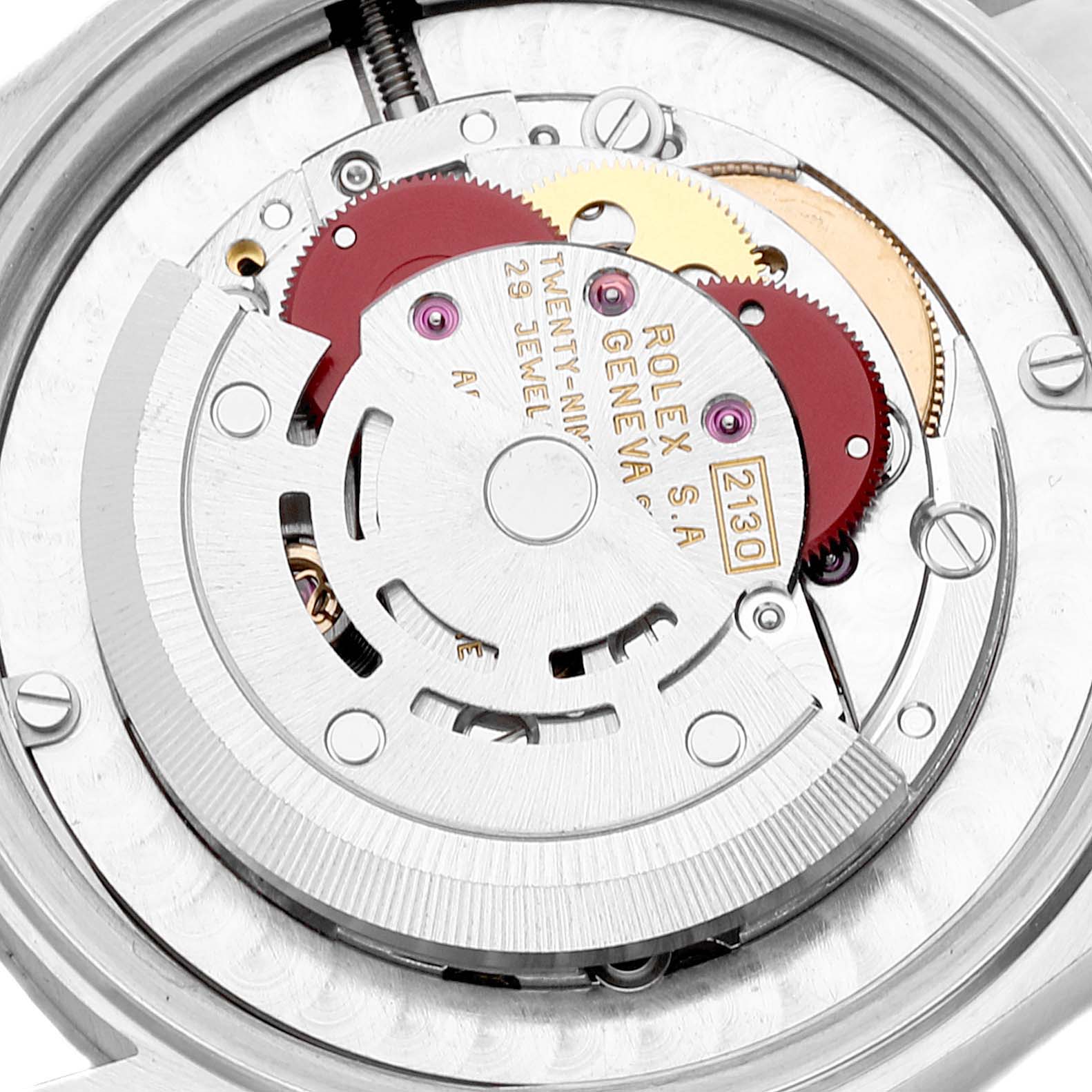 This image shows the internal mechanical movement components of a Rolex Mid-Size 67514 Women
s Stainless Steel Silver Dial 67514 Women
s Stainless Steel Silver Dial model, viewed from the back.