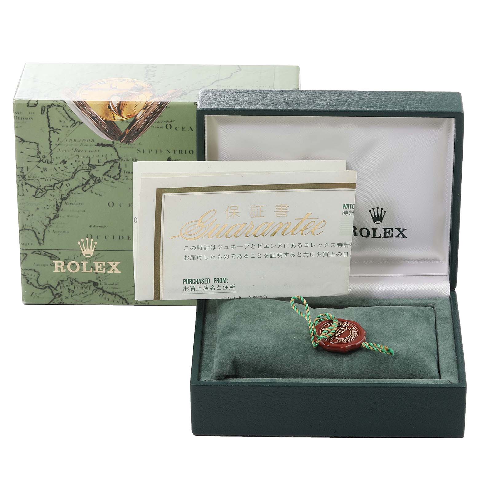 The image displays a Rolex Mid-Size 67514 Women
s Stainless Steel Silver Dial 67514 Women
s Stainless Steel Silver Dial model packaging, including the box, guarantee card, and green tag.