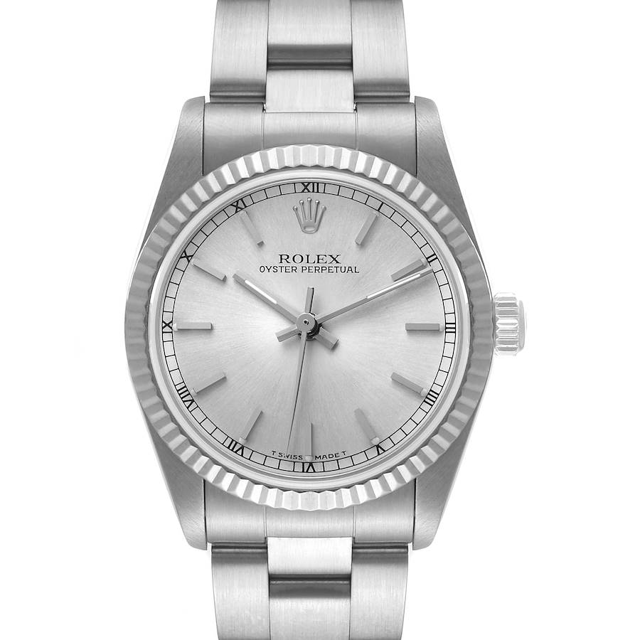 Rolex Oyster Perpetual Midsize 31 Steel White Gold Ladies Watch 67514 Box Papers SwissWatchExpo