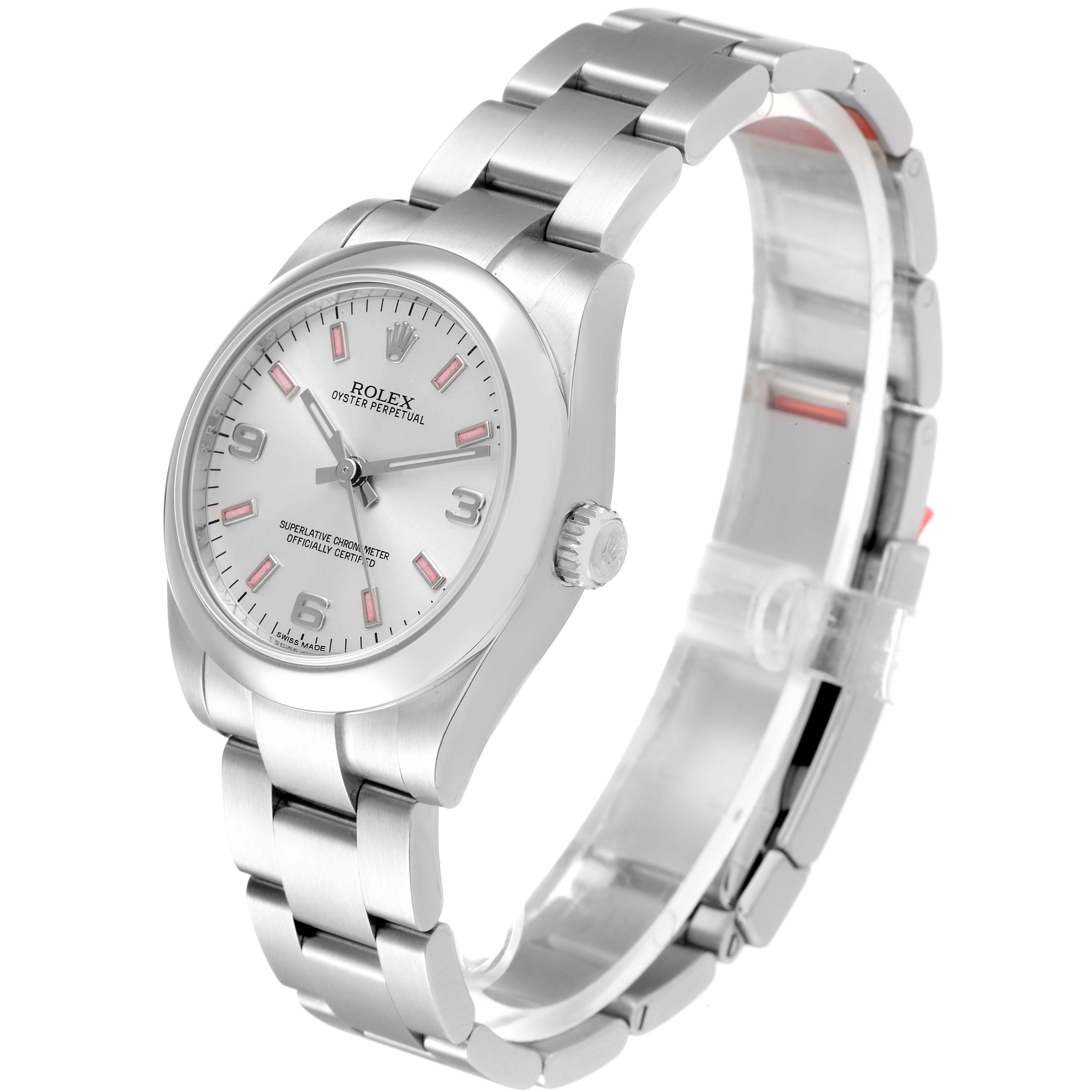 This image shows a side and front angle of a mid-size Rolex Oyster Perpetual watch with a stainless steel band and silver dial.