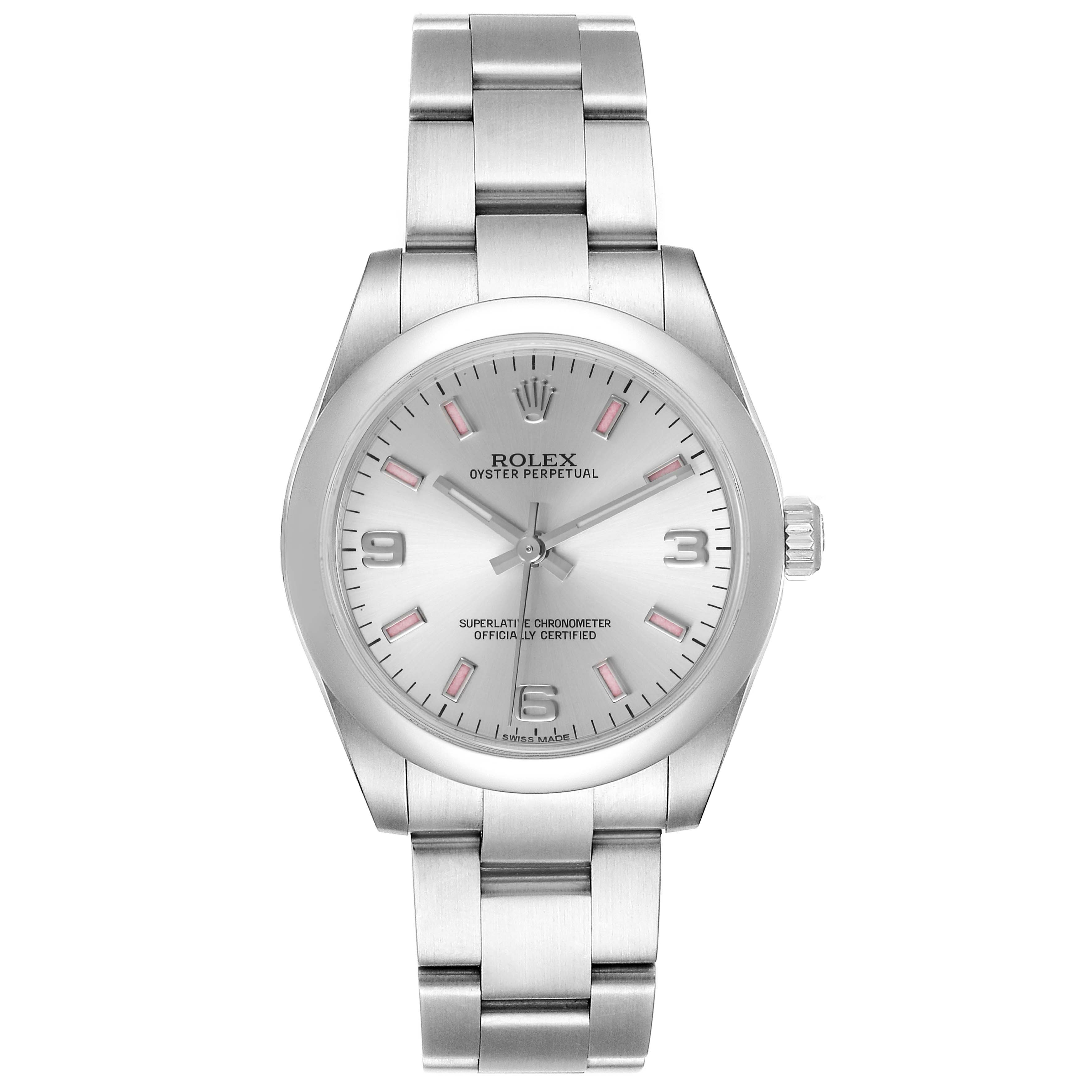 The image shows a front view of a Rolex Oyster Perpetual Mid-Size model wristwatch, highlighting the dial, case, and bracelet.