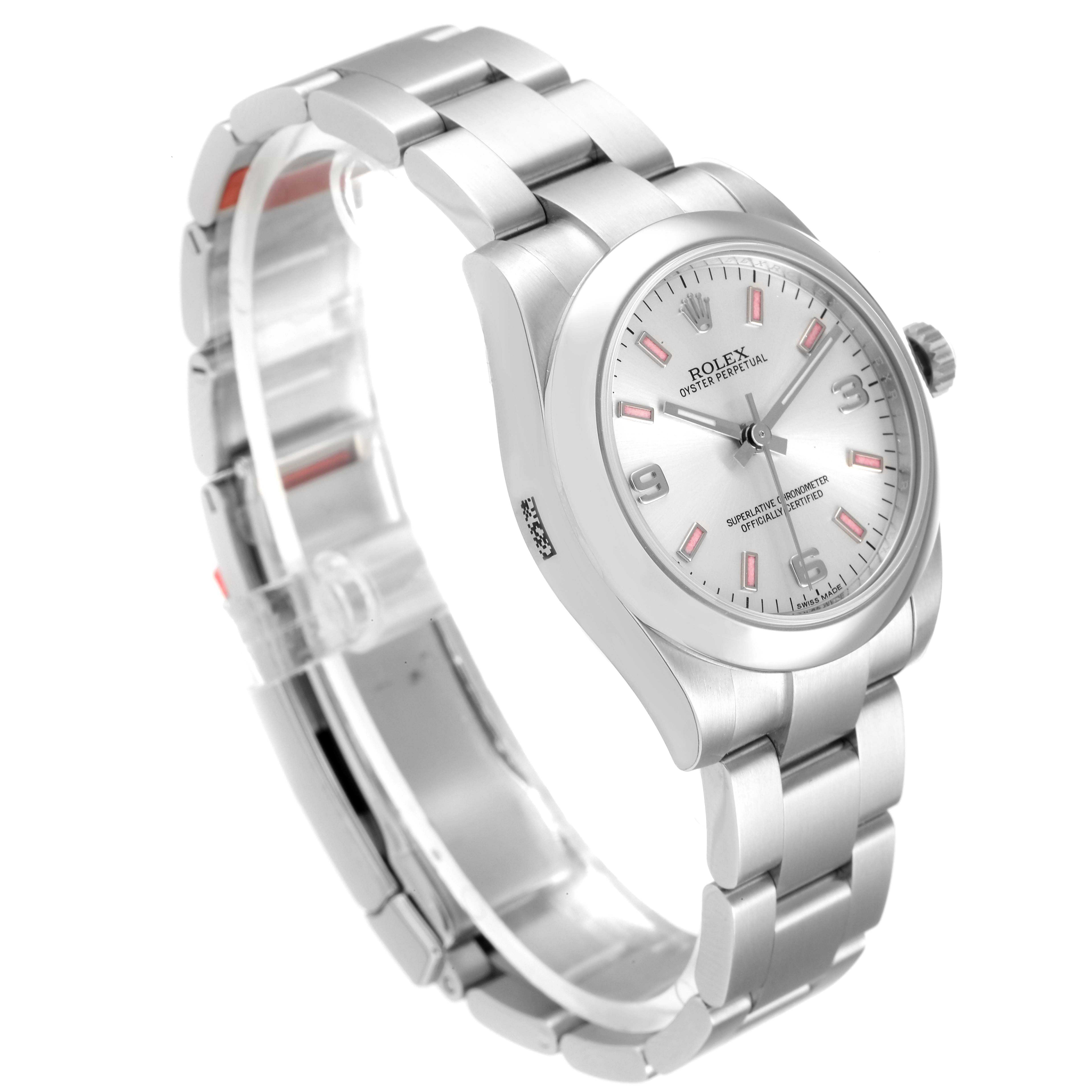 The image shows a Rolex Mid-Size 177200 Women
s Stainless Steel Silver Dial 177200 Women
s Stainless Steel Silver Dial Oyster Perpetual watch at a slight angle, highlighting the face, bracelet, and clasp.