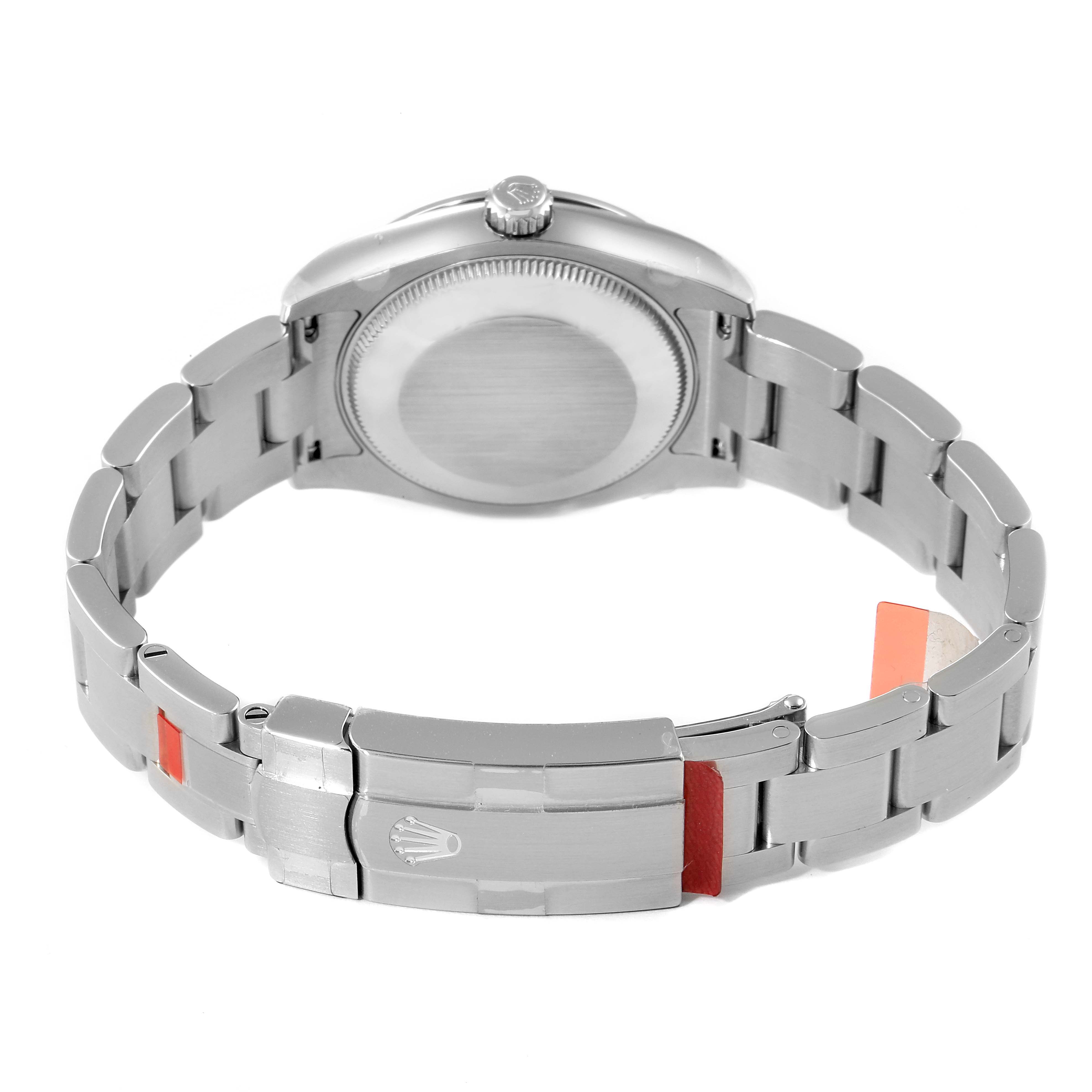 This image shows the back of a Rolex Mid-Size 177200 Women
s Stainless Steel Silver Dial 177200 Women
s Stainless Steel Silver Dial model, highlighting the bracelet and clasp.