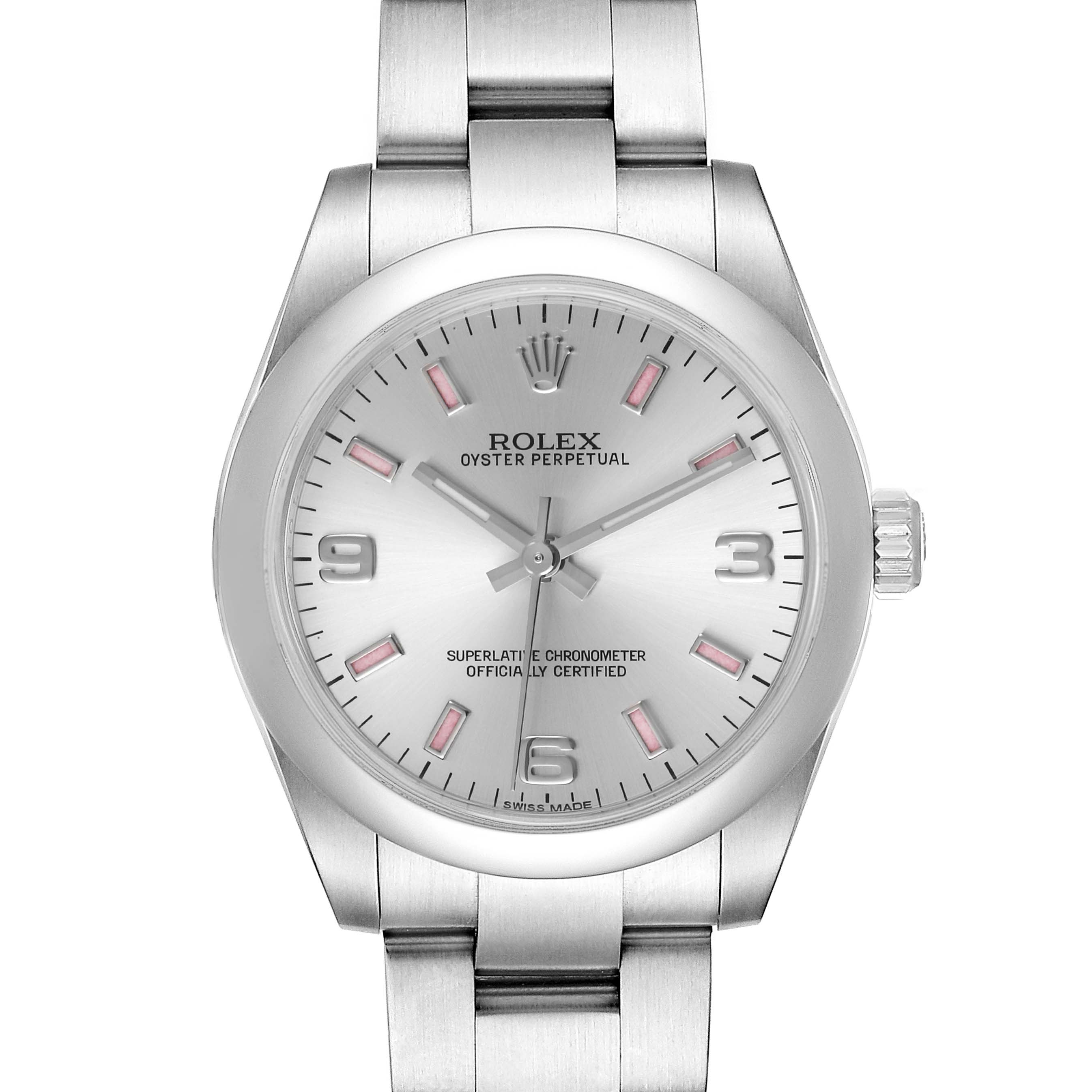 The image shows a front view of the mid-size Rolex Oyster Perpetual watch, highlighting its stainless steel case, dial, and bracelet.