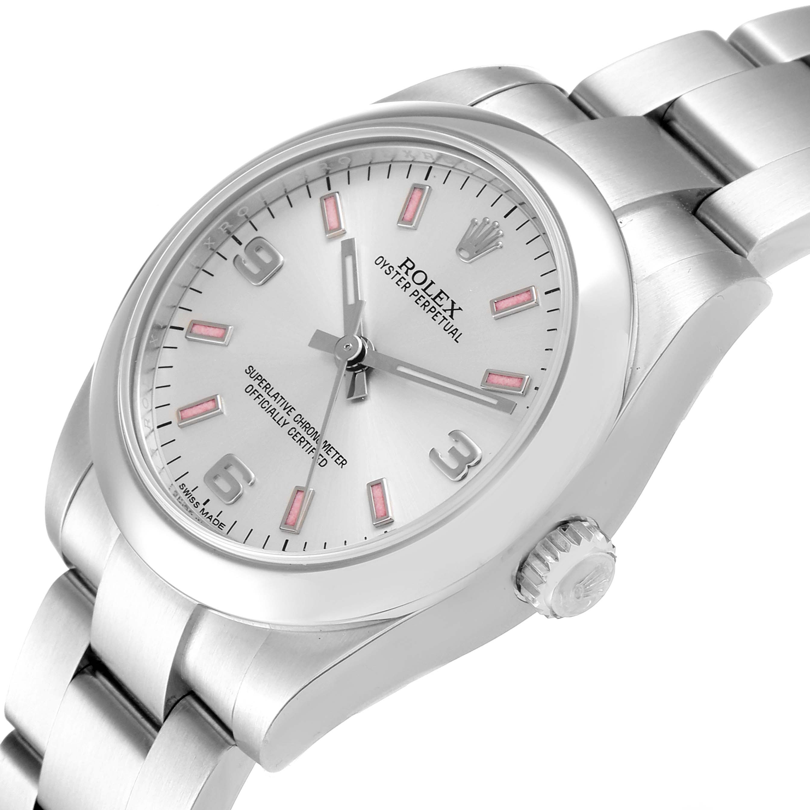 The image shows a mid-size Rolex Oyster Perpetual watch at an angle showcasing the dial, crown, and part of the bracelet.